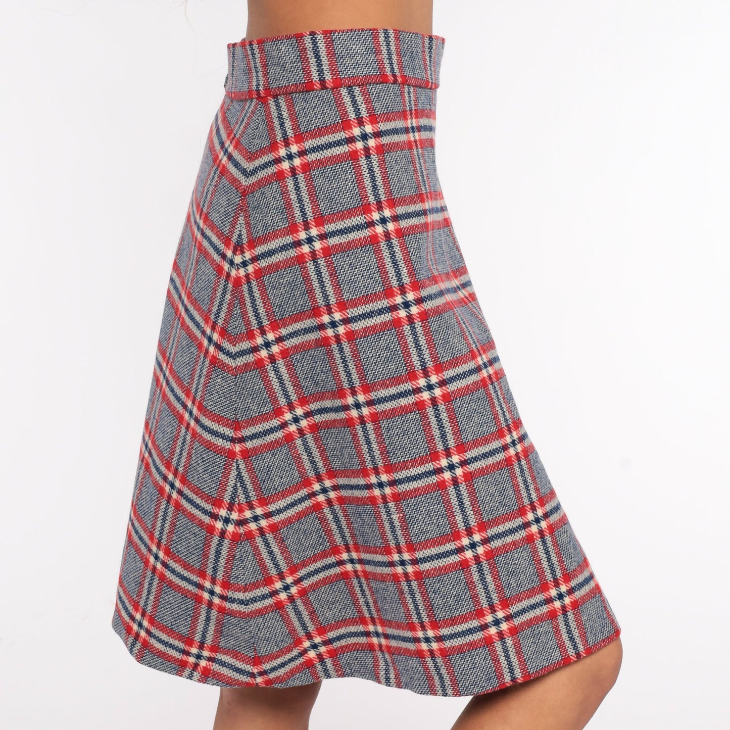 70s Grey Red Checkered Midi Skirt High Waisted Plaid Small