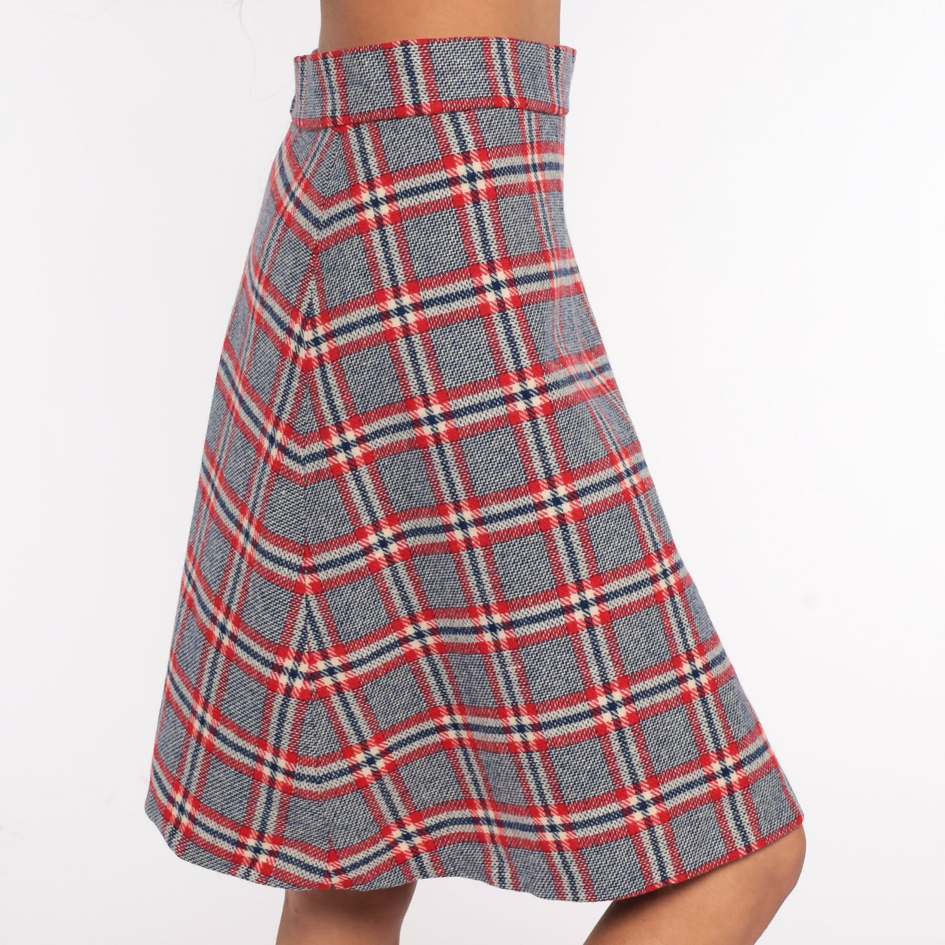 70s Grey Red Checkered Midi Skirt High Waisted Plaid Small