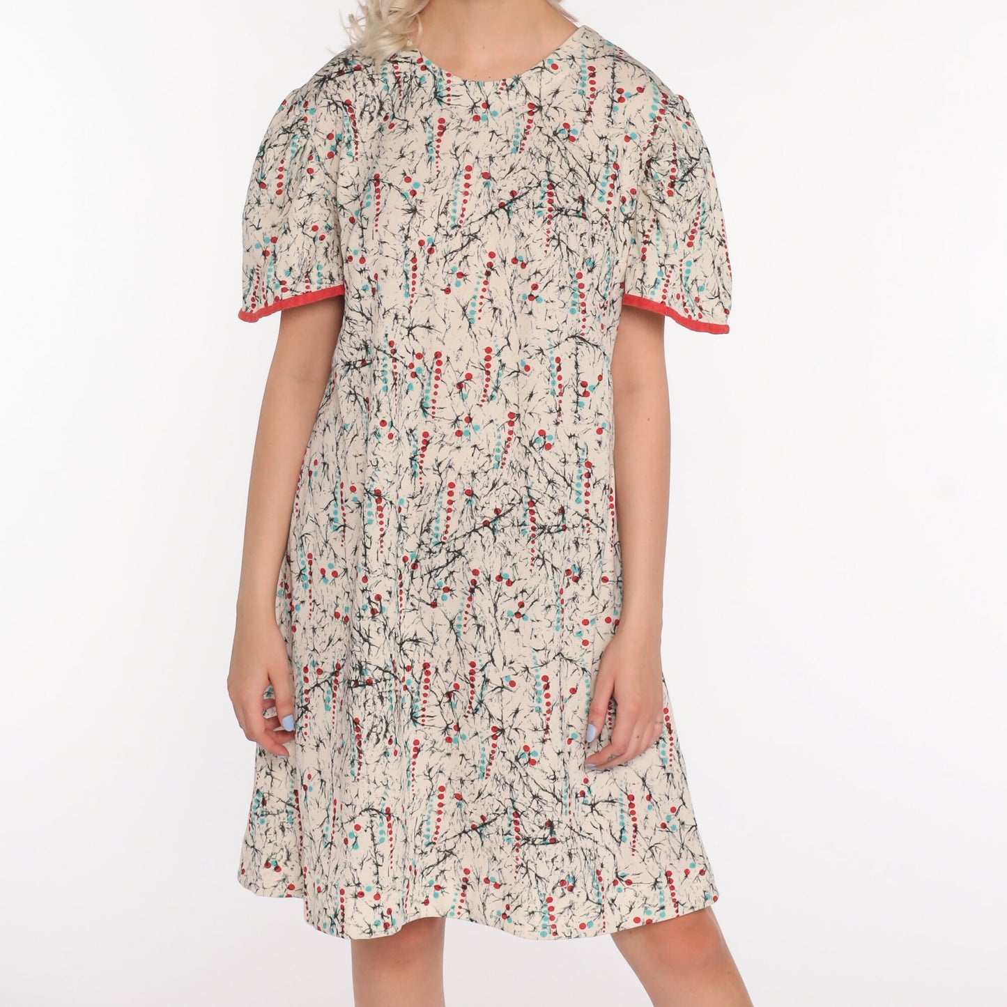80s Polka Dot Puff Sleeve Shift Dress Cream Mini Extra Large XXL
