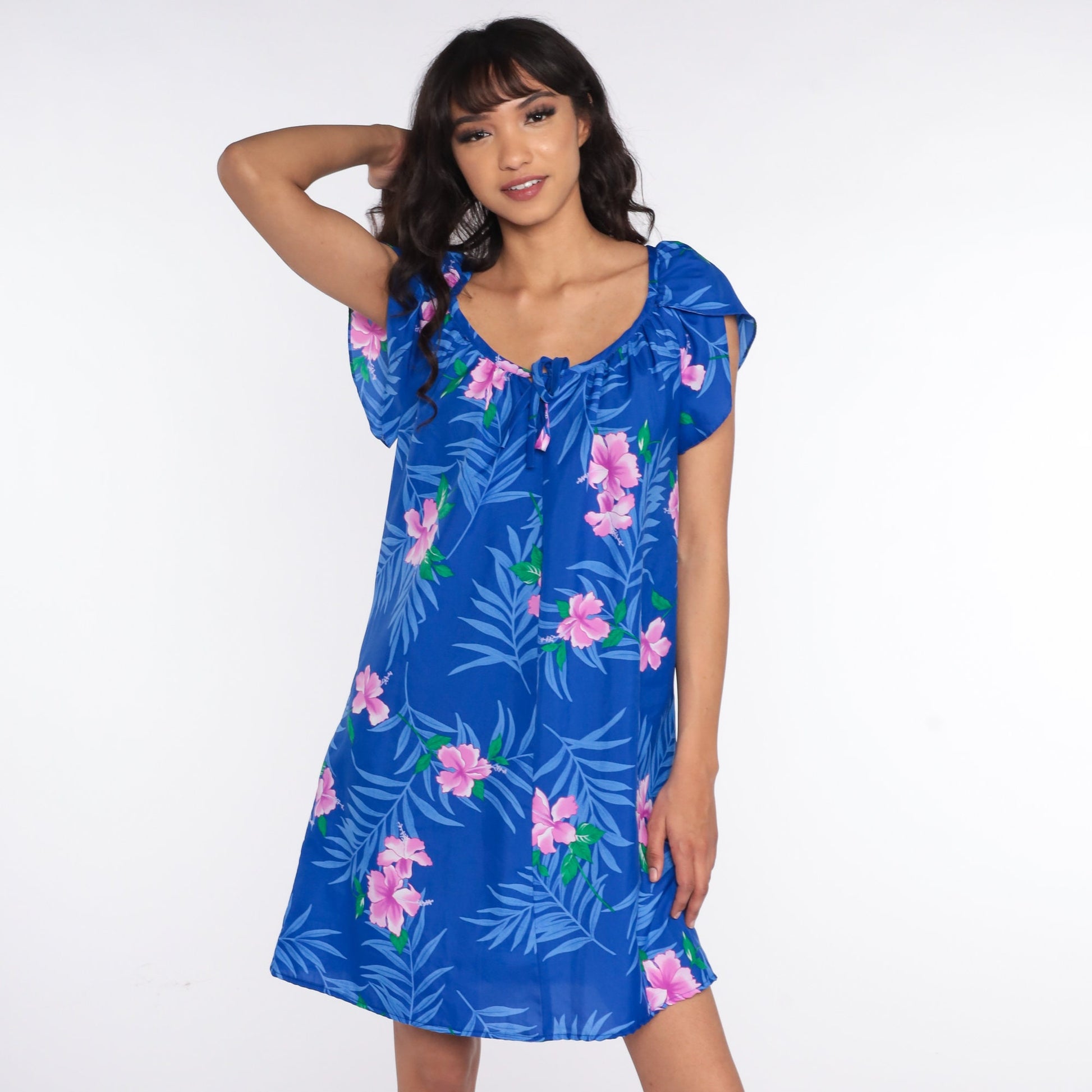 80s Hawaiian Floral Mini Dress Blue Puff Sleeve Shift Large