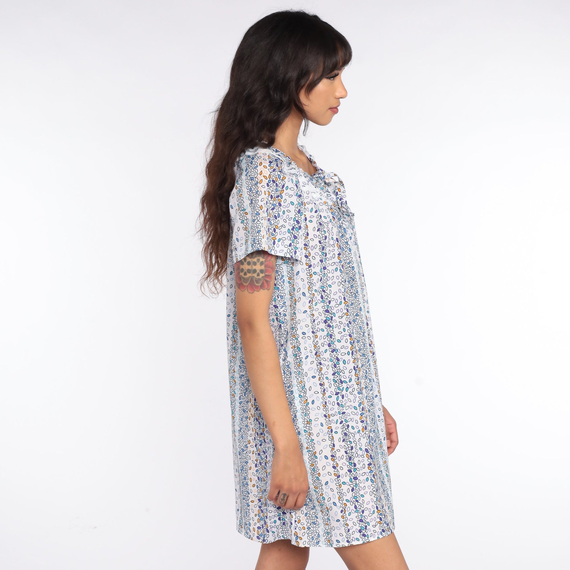 1970s Leaf Print Tent Dress White Purple Mini Short Sleeve Medium