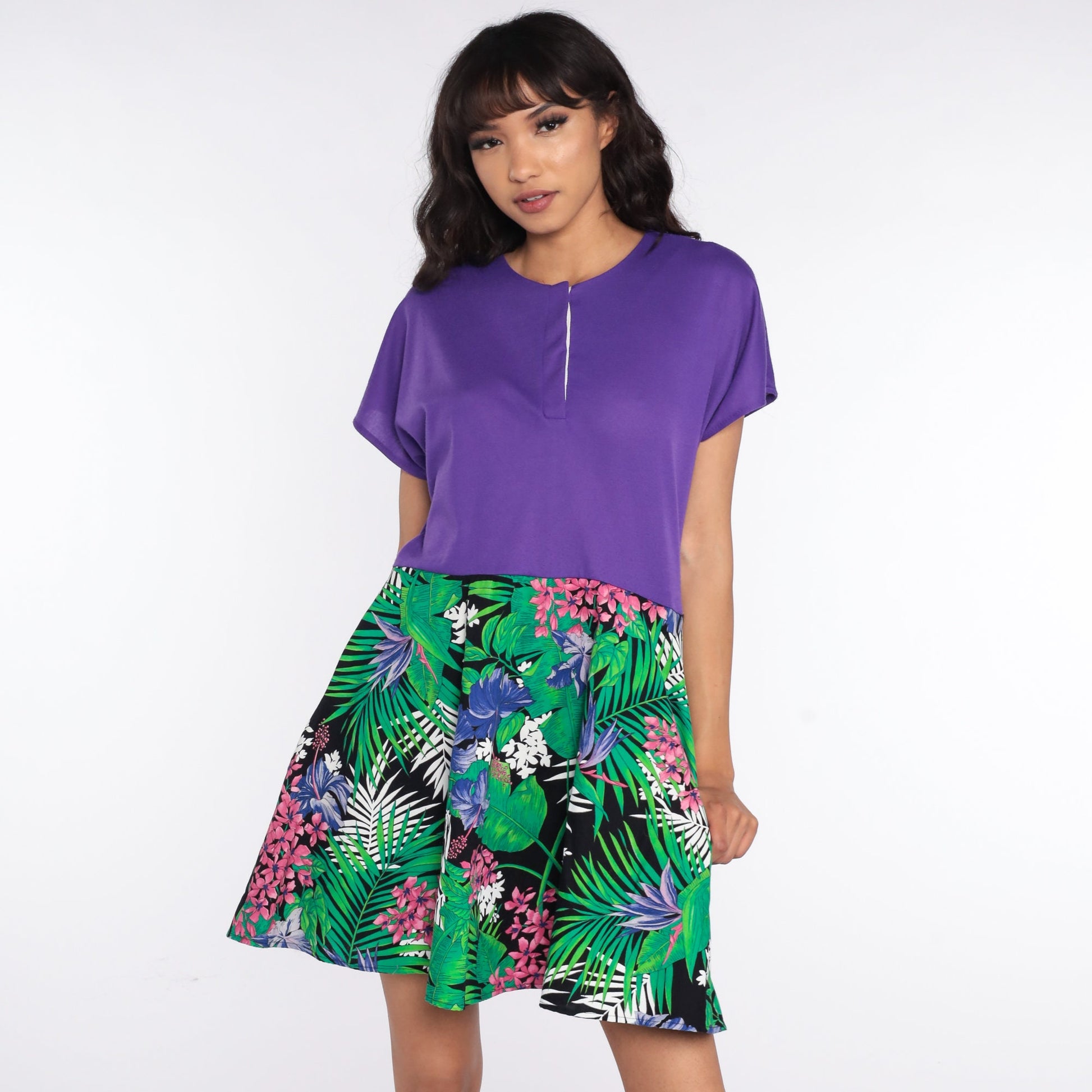 80s Tropical Floral Mini Dress Purple Bodice High Waisted Cap Sleeve Medium