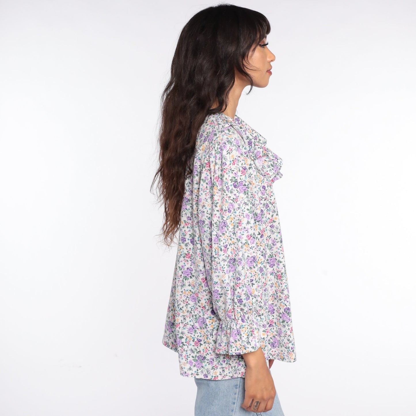 80s Floral Tuxedo Blouse Purple Ruffle Long Sleeve Medium