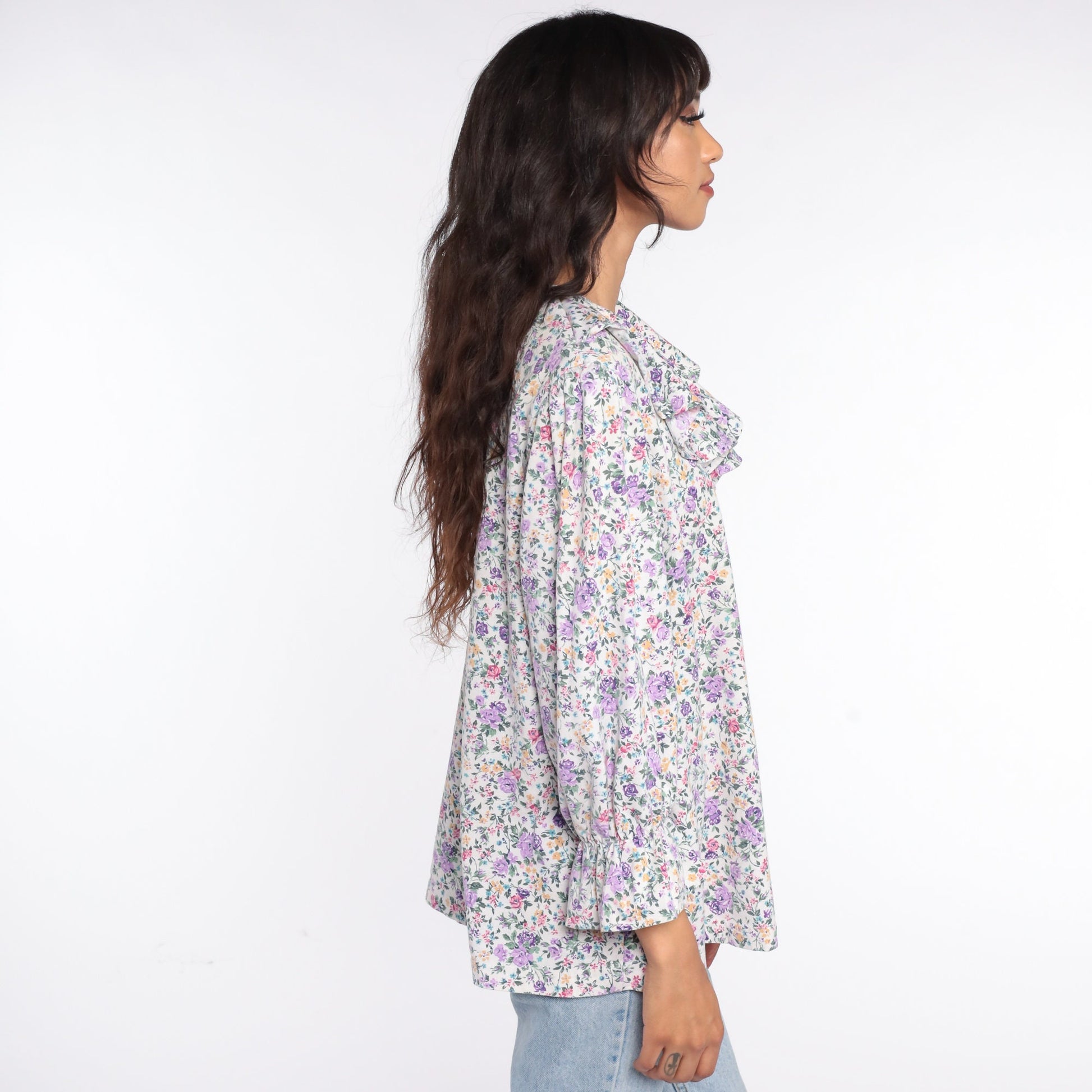 80s Floral Tuxedo Blouse Purple Ruffle Long Sleeve Medium