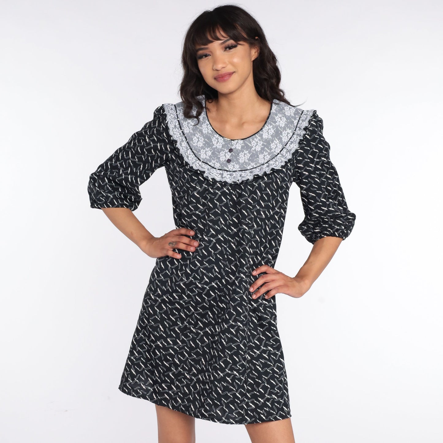 80s Black Geometric Lace Bib Mini Dress Tent Cut Small S