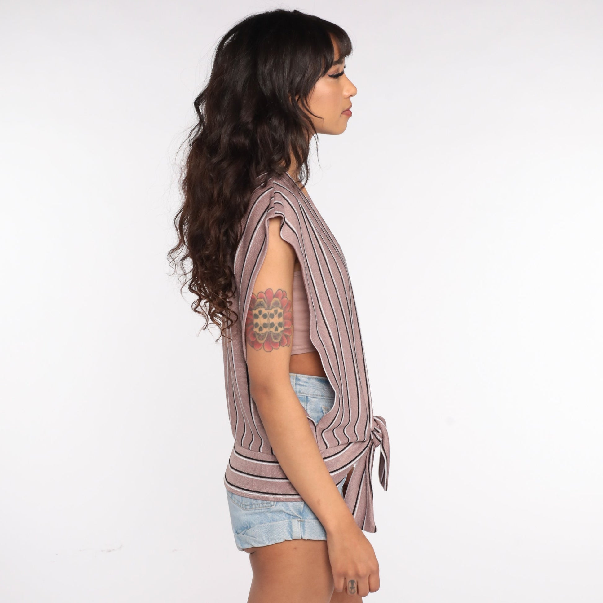 70s Taupe Striped Knit Tank Top Deep V Neck Sleeveless Plunge Small Medium Large