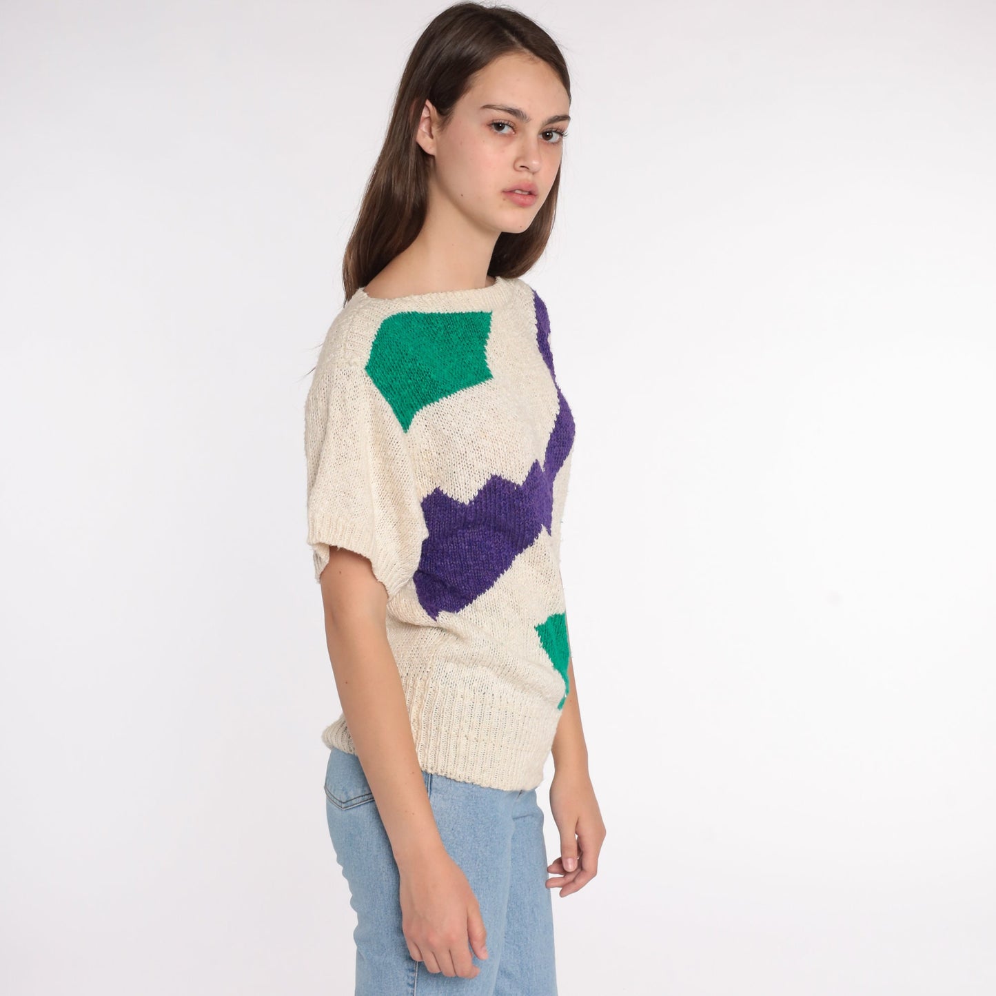 80s Liz Claiborne Geometric Colour Block Knit Top Beige Green Medium