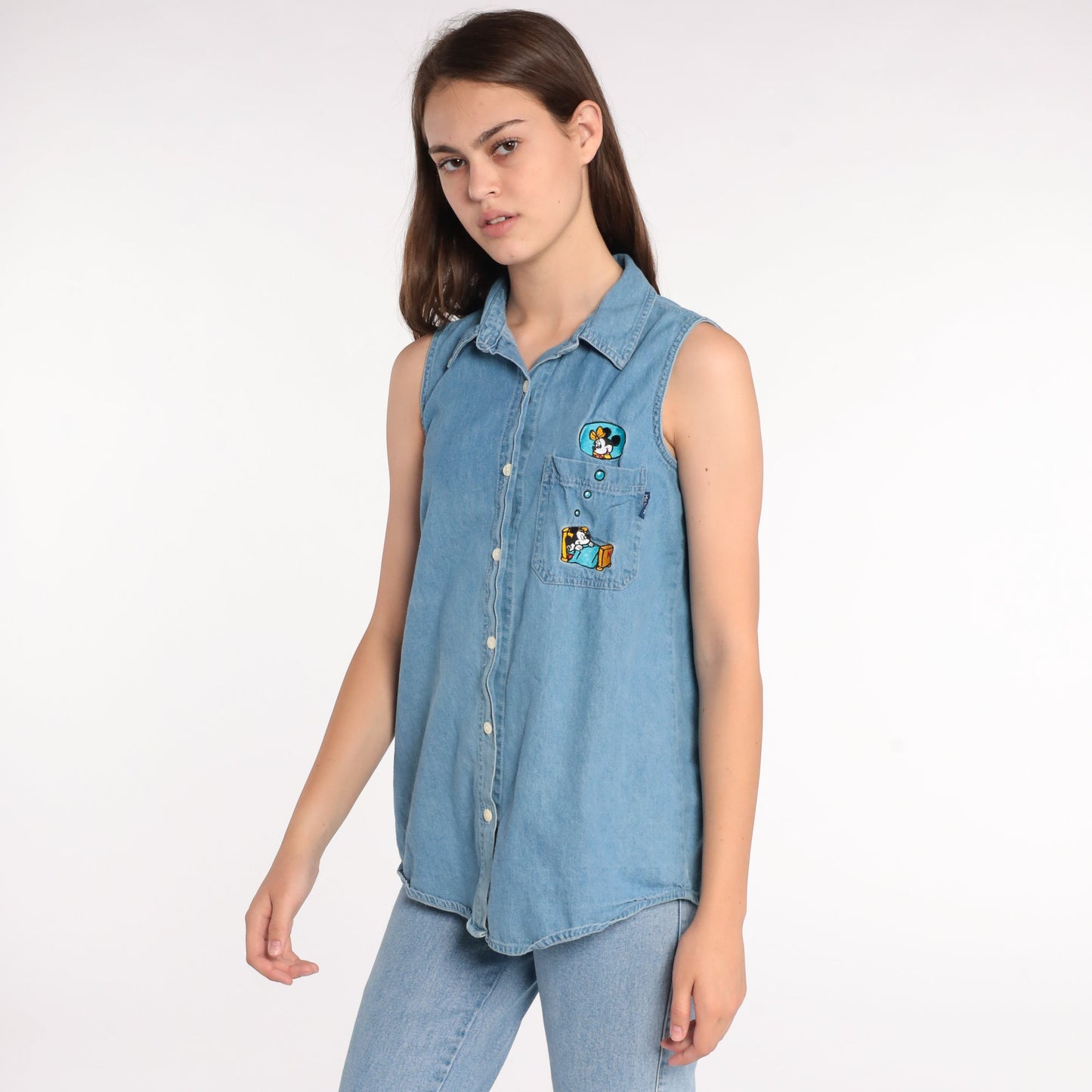 90s Mickey and Minnie Mouse Denim Shirt Disney Blue Cotton Medium