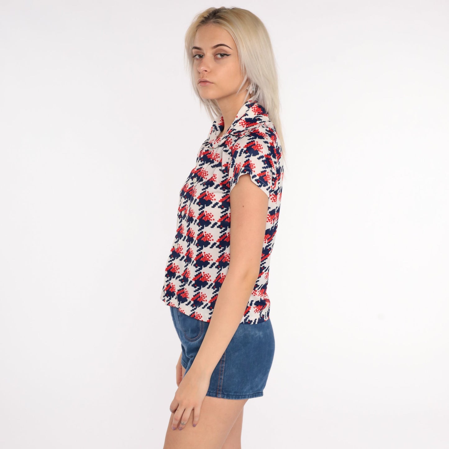 70s Geometric Print Button Up Shirt Brown Red White Blue Small