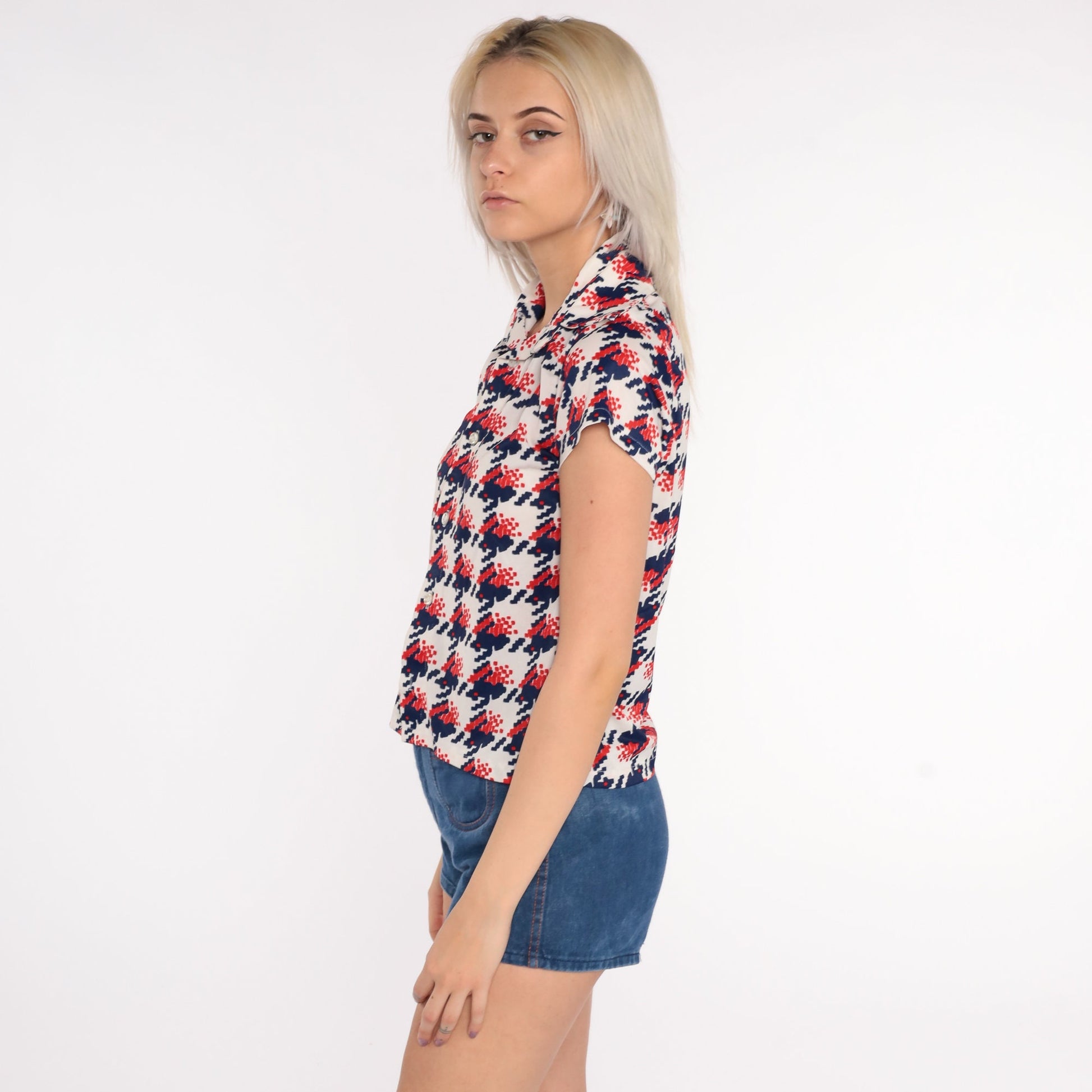 70s Geometric Print Button Up Shirt Brown Red White Blue Small