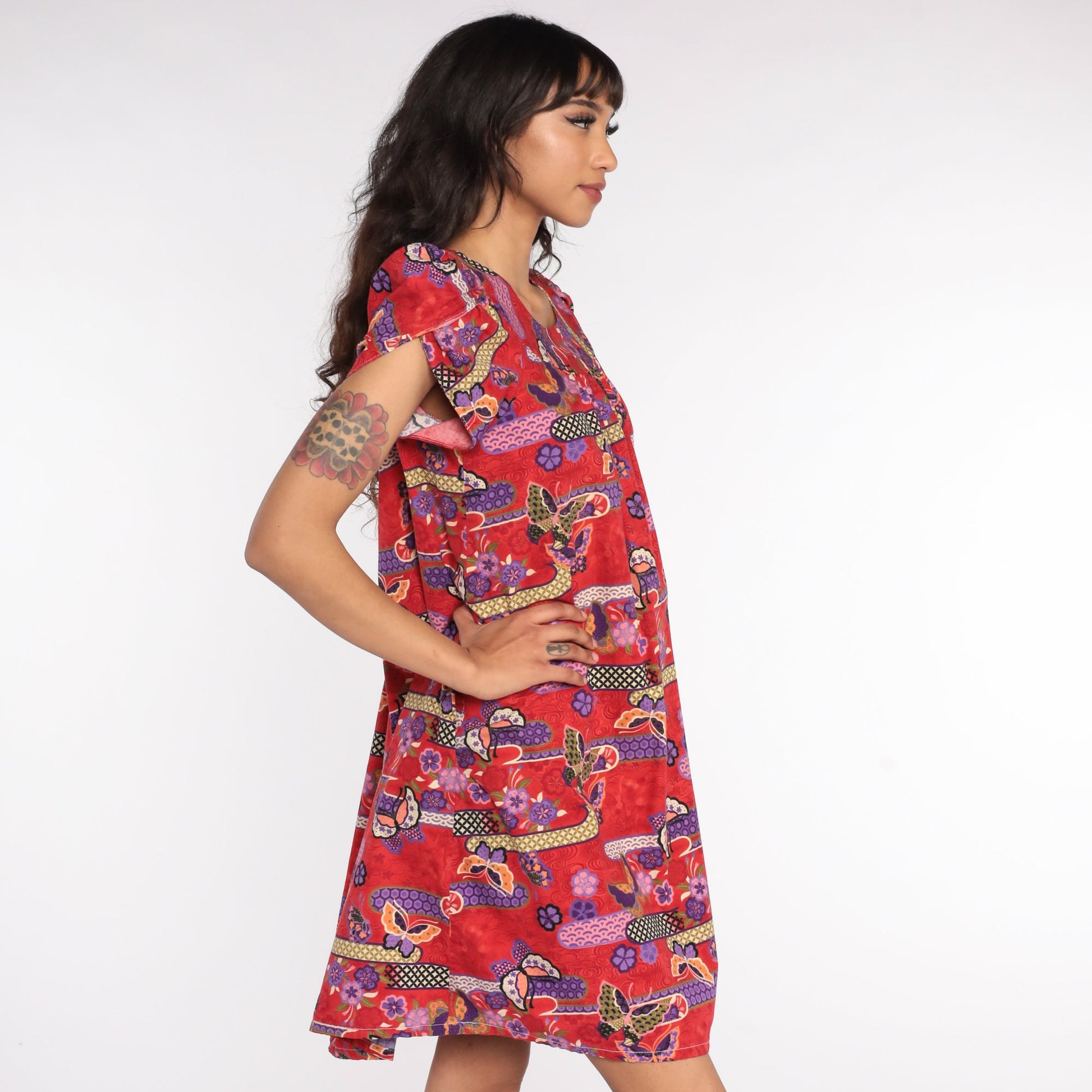 80s Butterfly Psychedelic Mini Dress Puff Sleeve Cotton Red Small