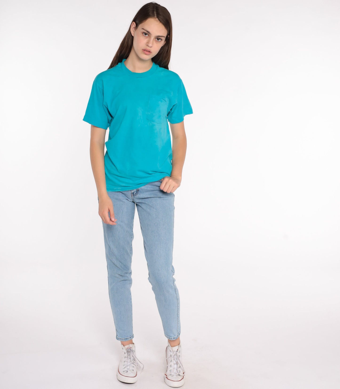 80s Blue Pocket T-Shirt Single Stitch Cotton Tee Medium