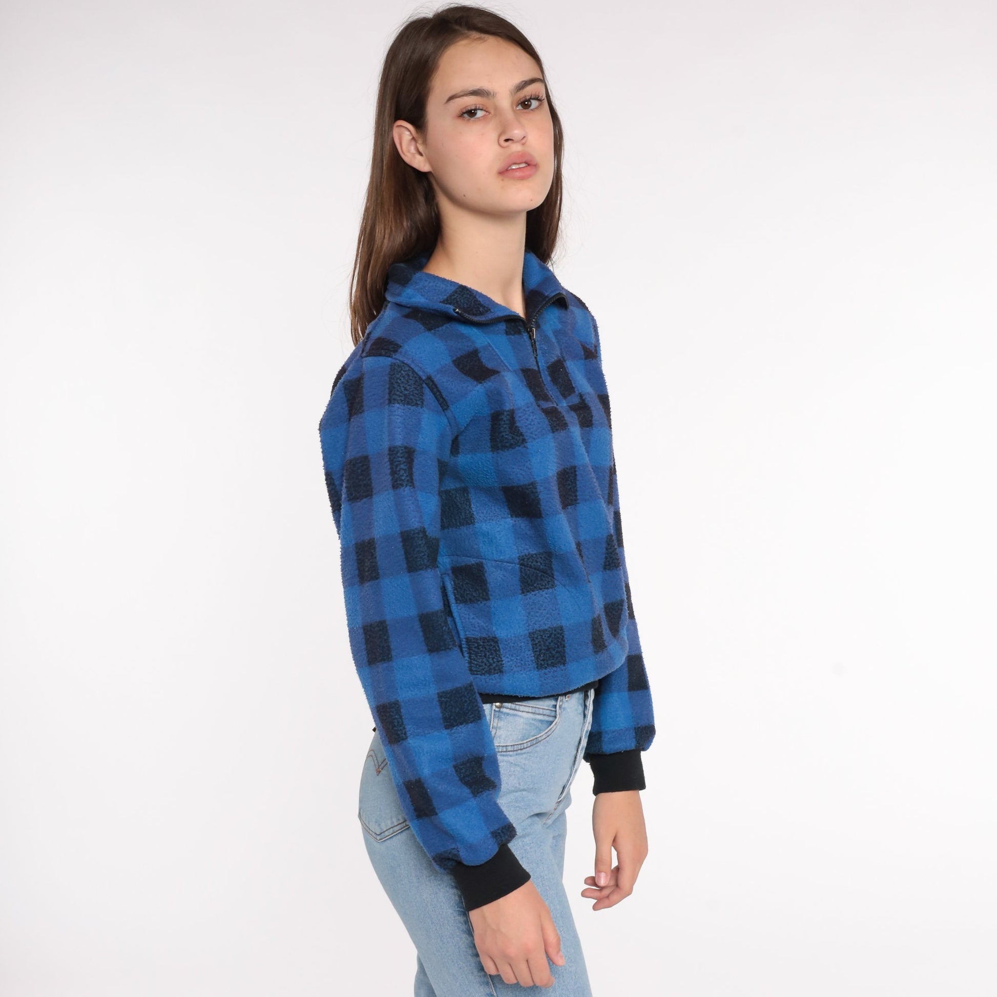 90s Buffalo Plaid Fleece Quarter Zip Jacket Blue Black Small