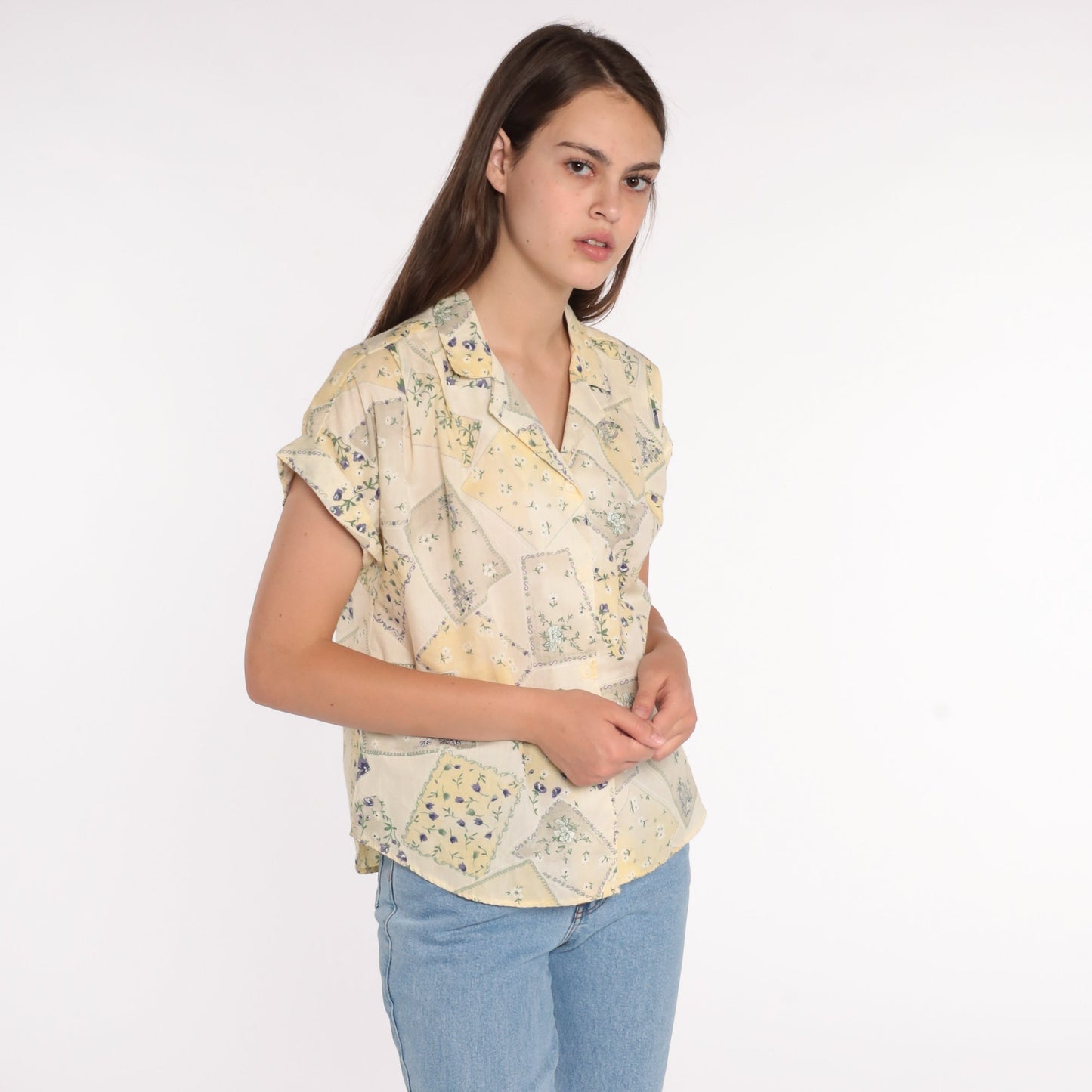 80s Tap & Co Floral Button-Up Blouse Yellow Cap Sleeve Medium