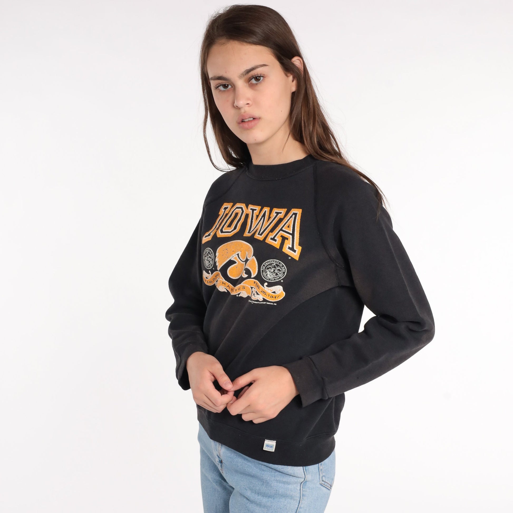 80s Iowa Hawkeyes Distressed Sweatshirt Black Graphic Crewneck Small