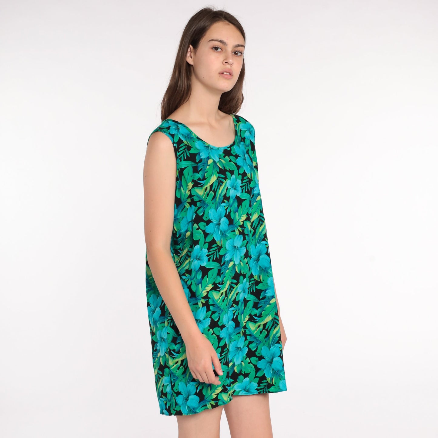 90s Tropical Floral Mini Dress Shift Sleeveless Rayon Extra Large XXL