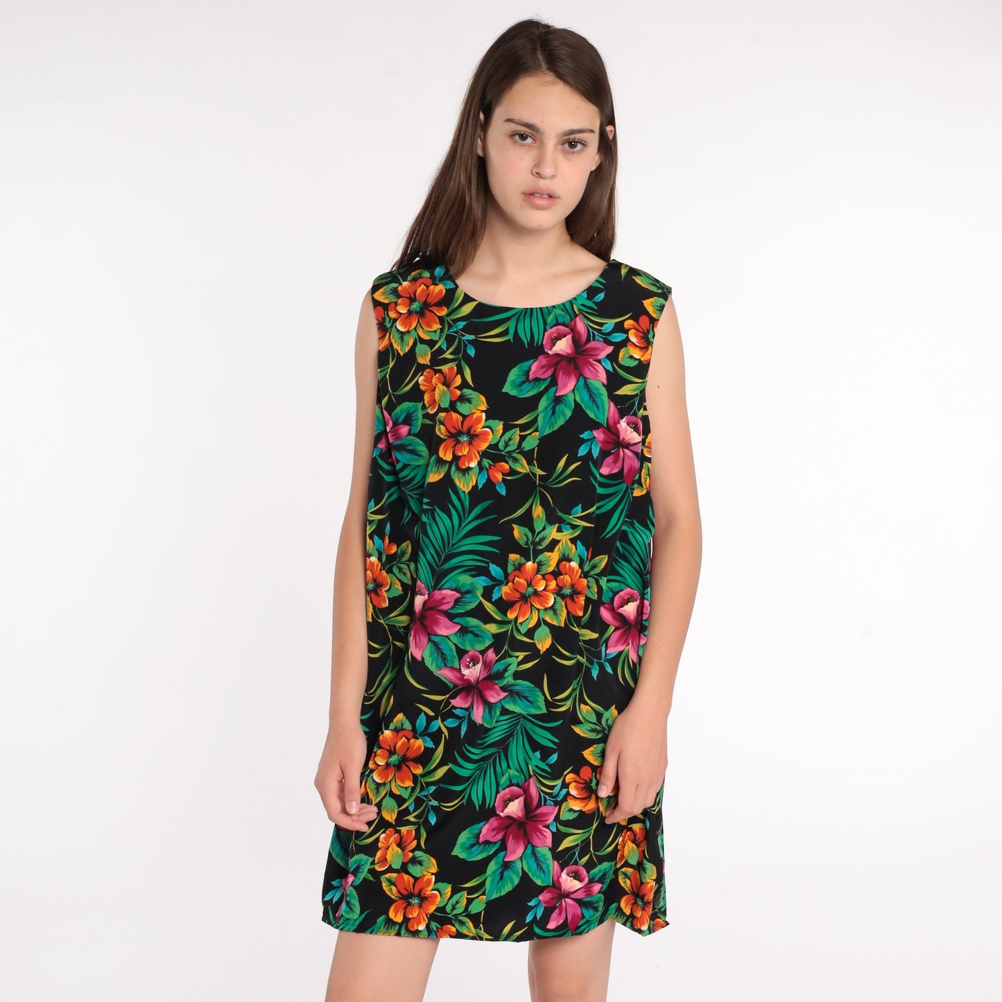 90s Floral Tropical Mini Dress Shift Sleeveless Hawaiian Print Plus Size XXL
