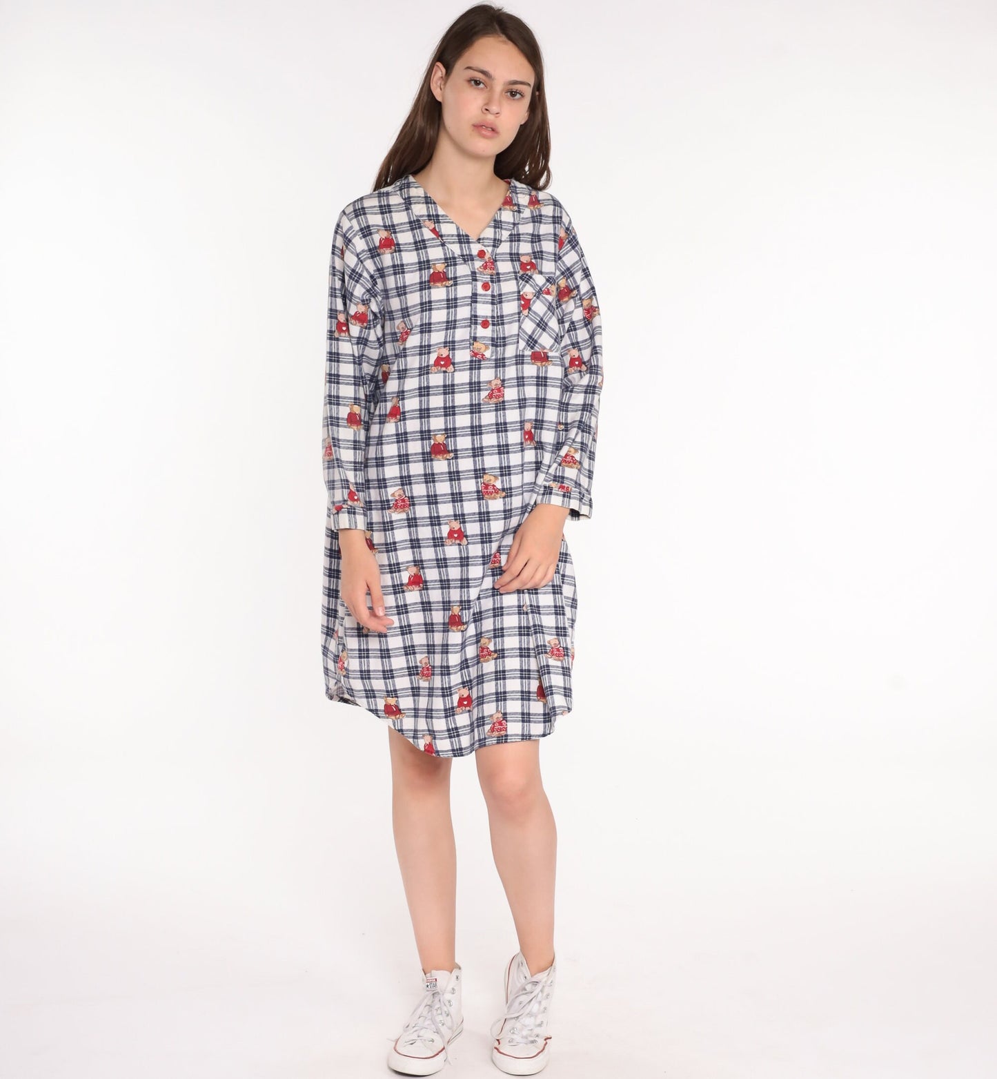 80s Teddy Bear Flannel Nightgown Checkered Pajama Dress Cotton Medium