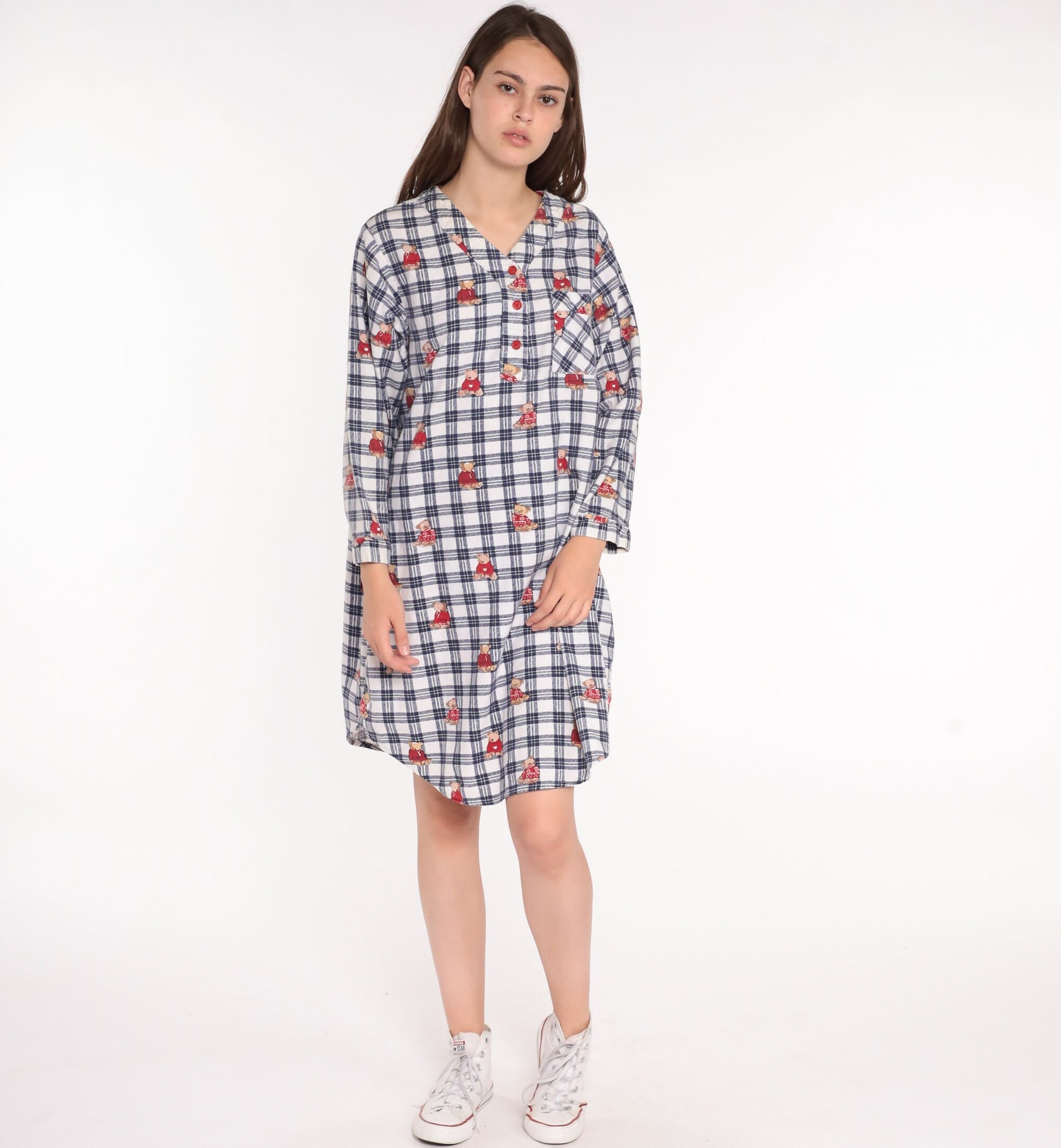 80s Teddy Bear Flannel Nightgown Checkered Pajama Dress Cotton Medium