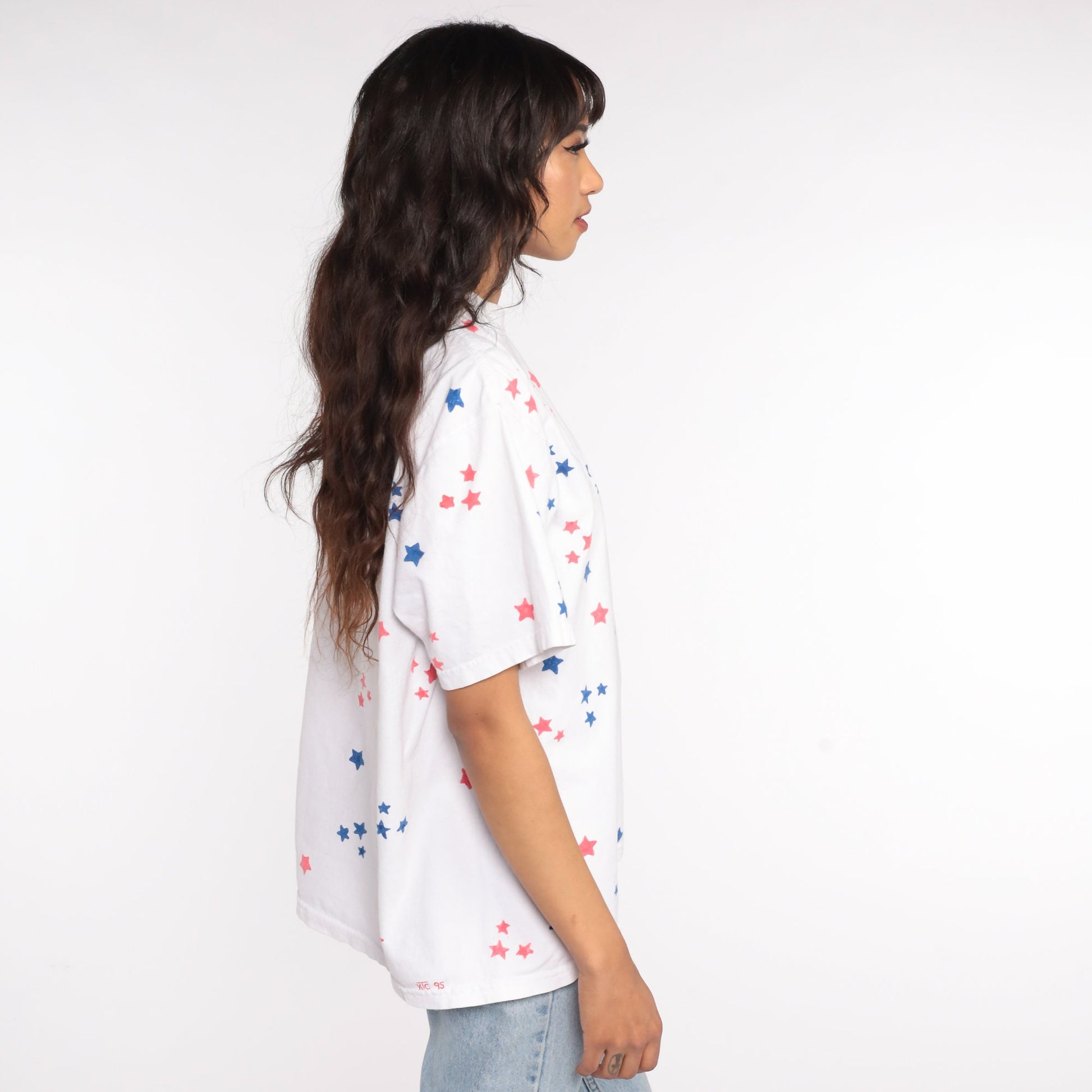 80s Star Print T-Shirt Red White Blue Geometric All Over Graphic Cotton Large