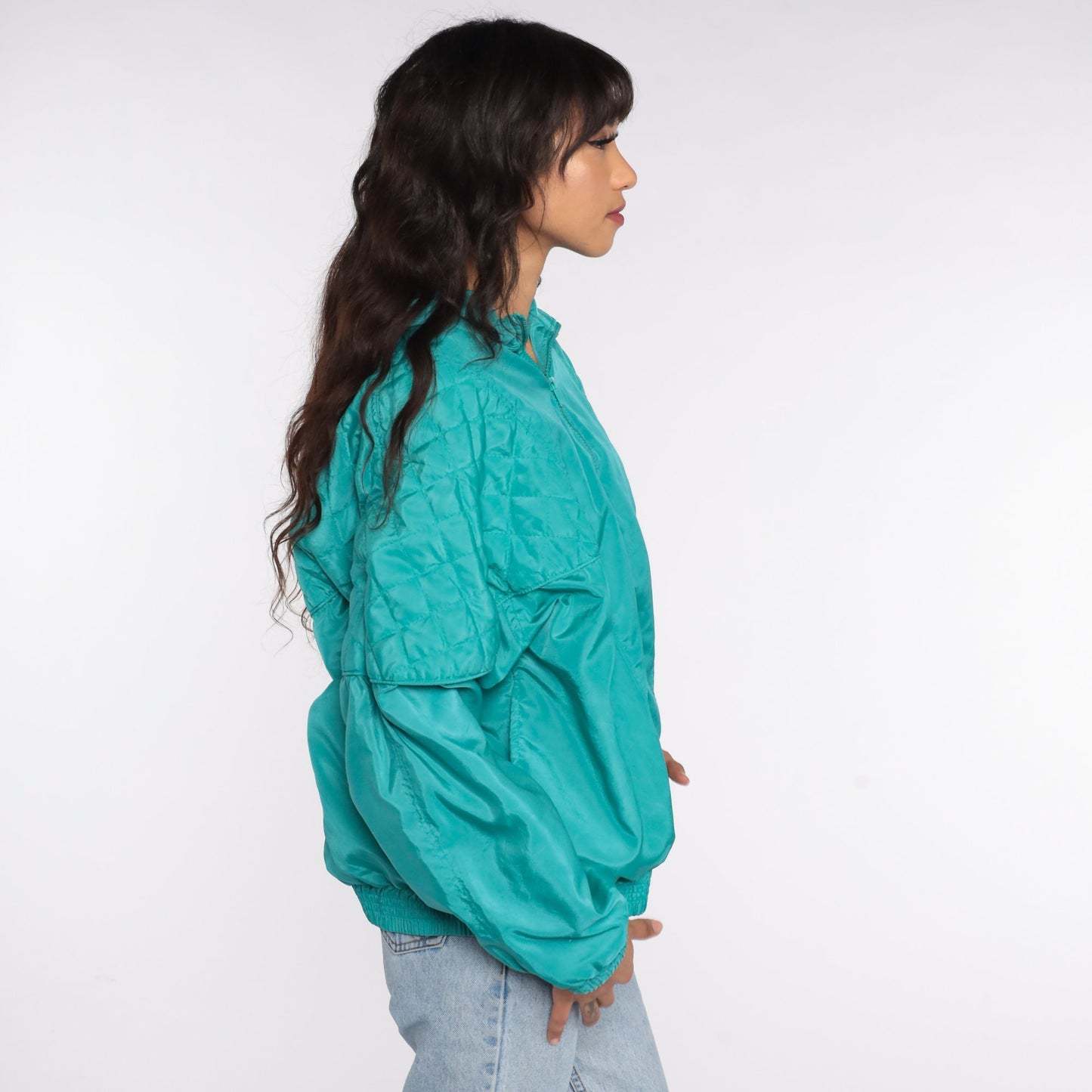 80s Turquoise Quilted Windbreaker Jacket Zip Up Large