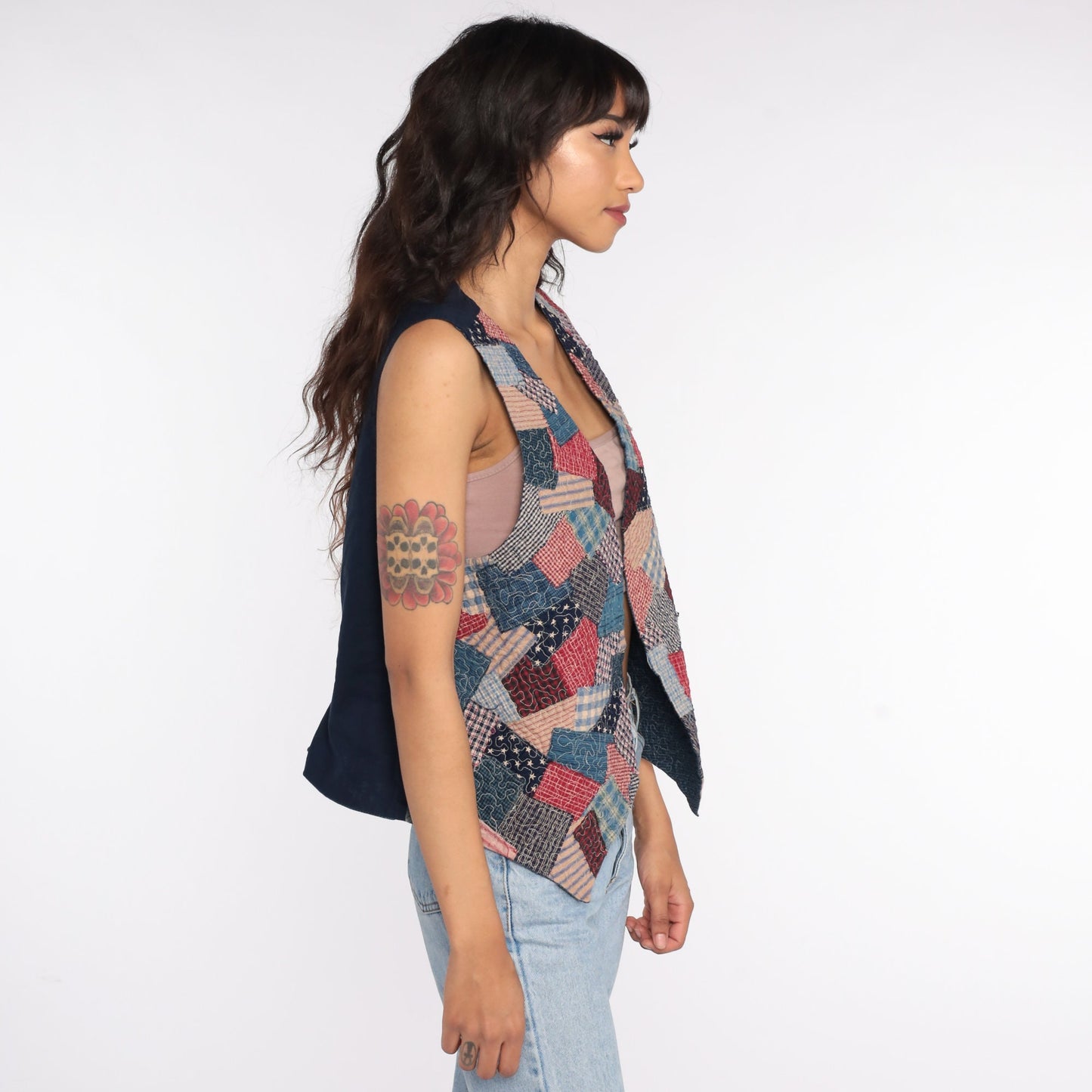 90s Patchwork Open Front Vest Top Red Blue Gingham Medium