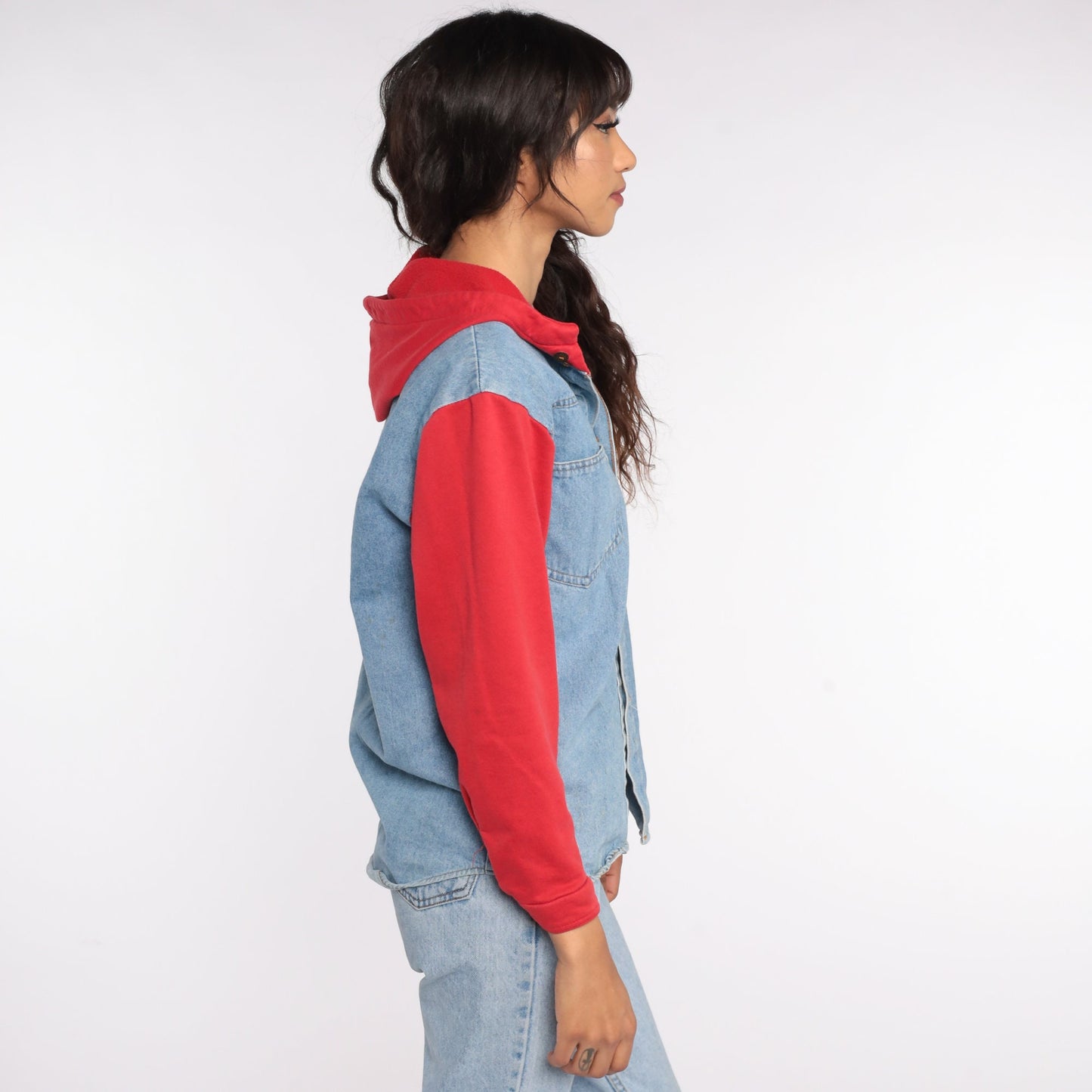 90s Blue Denim Hooded Button-Up Shirt Red Hood Cotton Small