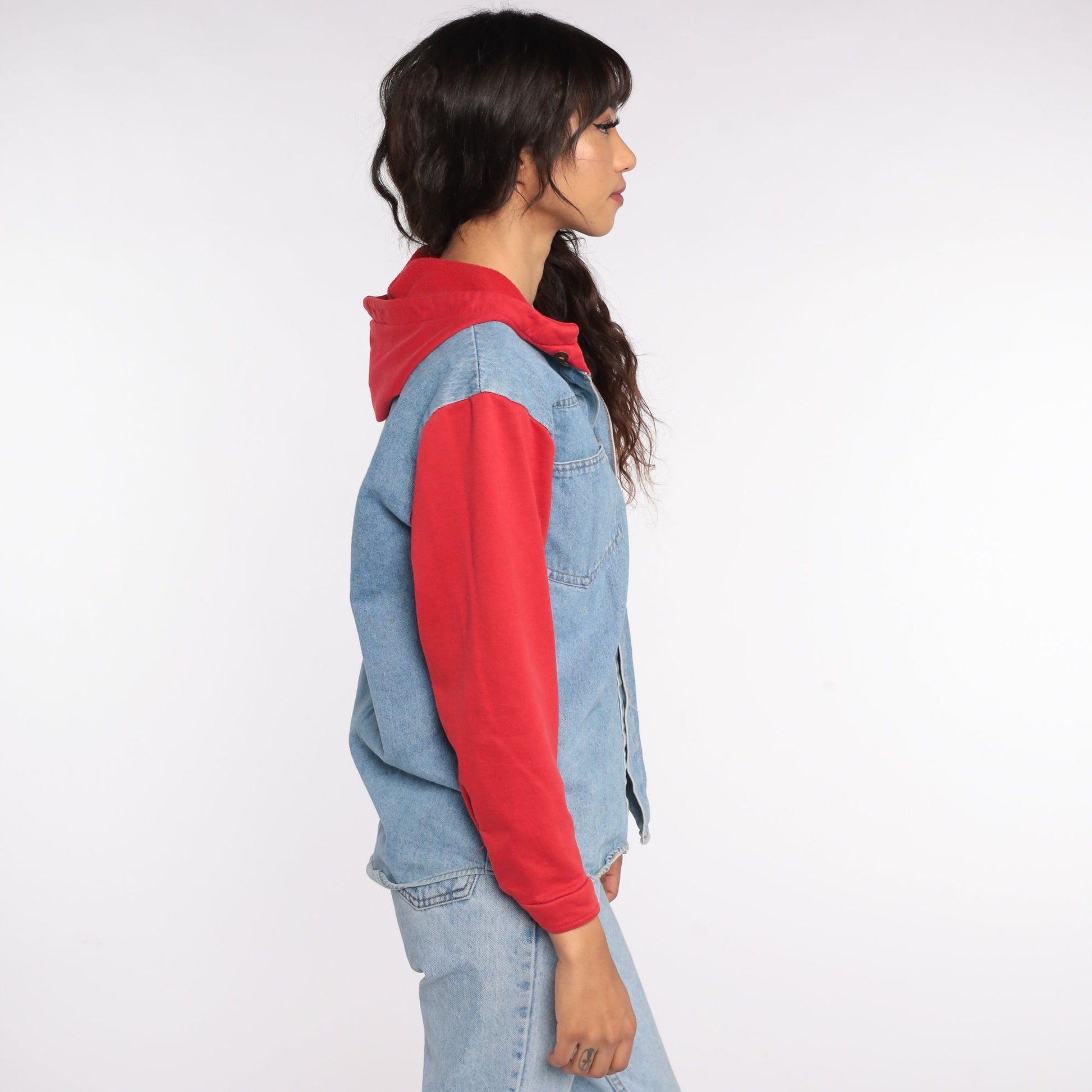 90s Blue Denim Hooded Button-Up Shirt Red Hood Cotton Small