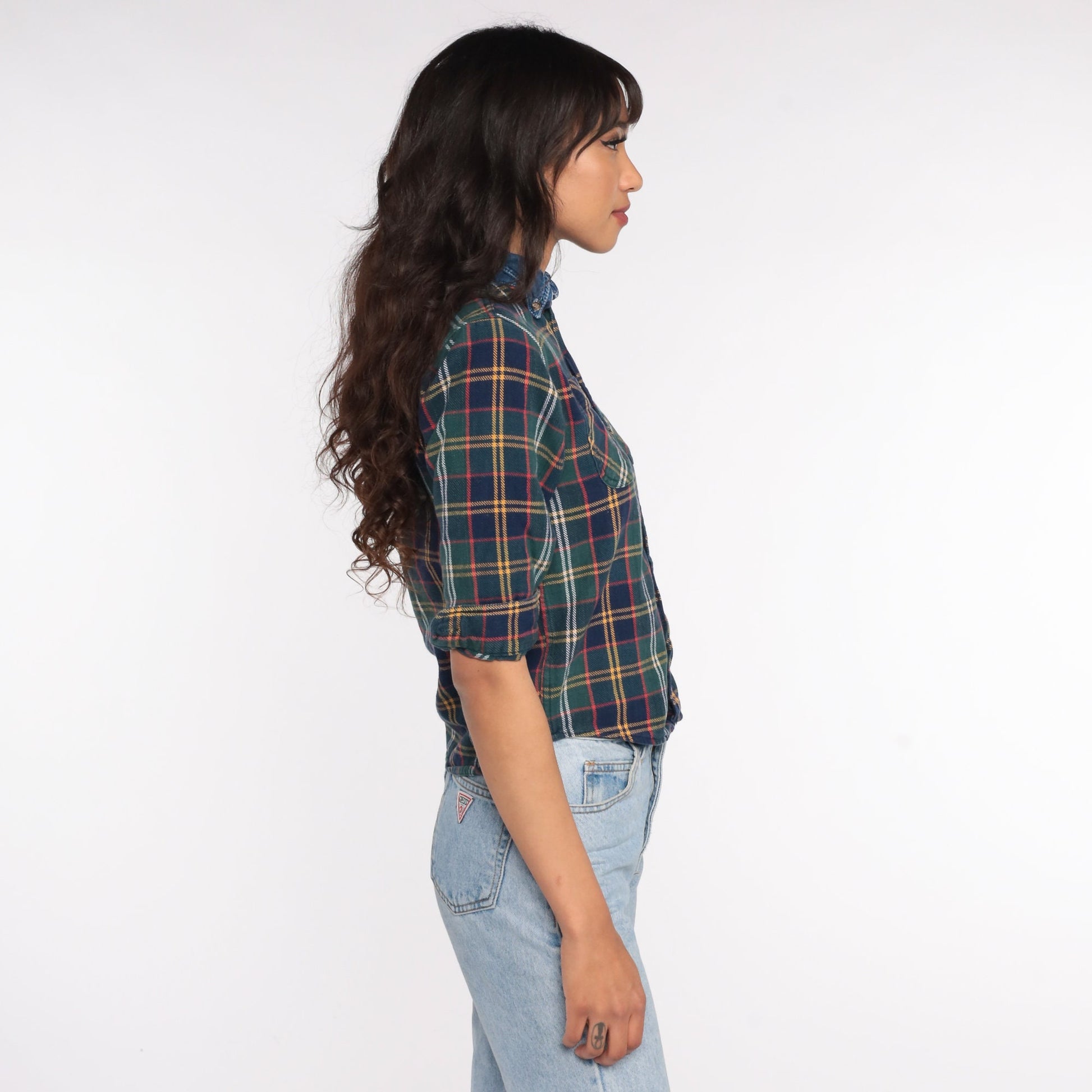 90s Plaid Flannel Shirt Denim Collar Blue Green Button Up Extra Small XS