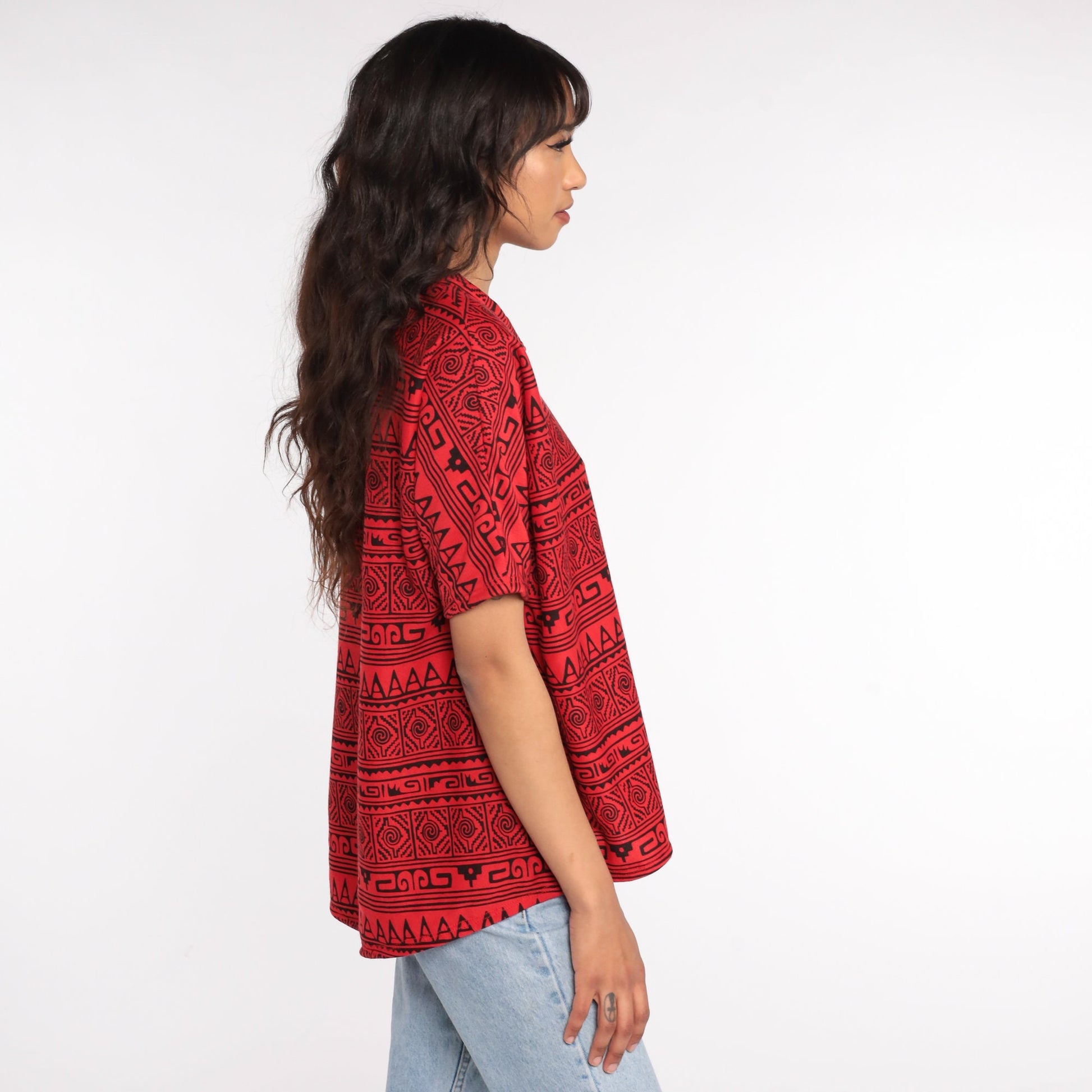 90s Geometric Diamond Print T-Shirt Red Graphic Tee Large