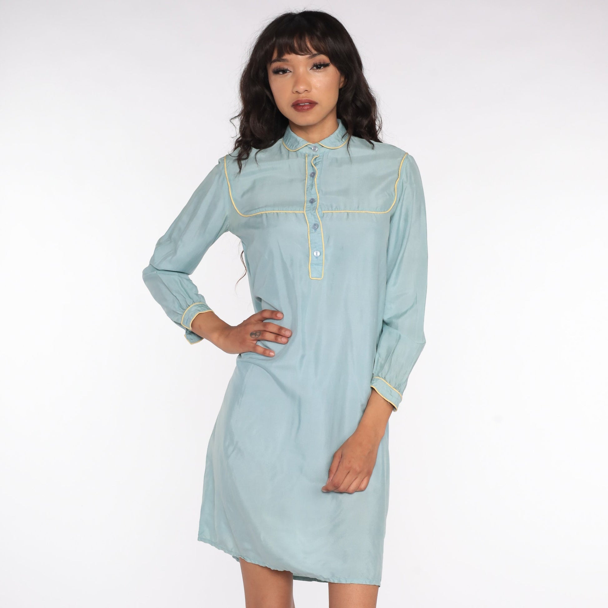 70s Blue Silk Mini Dress Peter Pan Collar Shift Long Sleeve Small