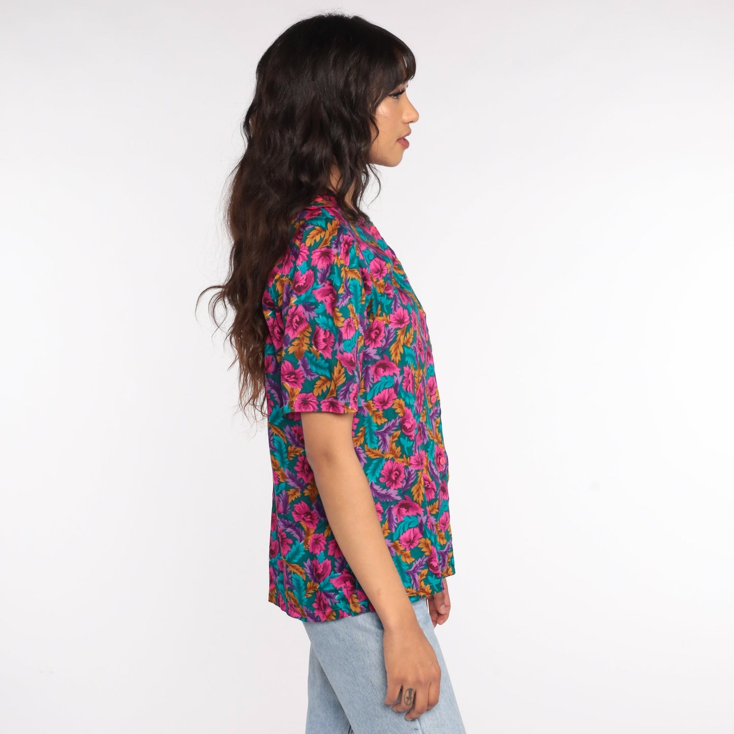 80s Floral Puff Sleeve Button-Up Blouse Turquoise Pink Medium