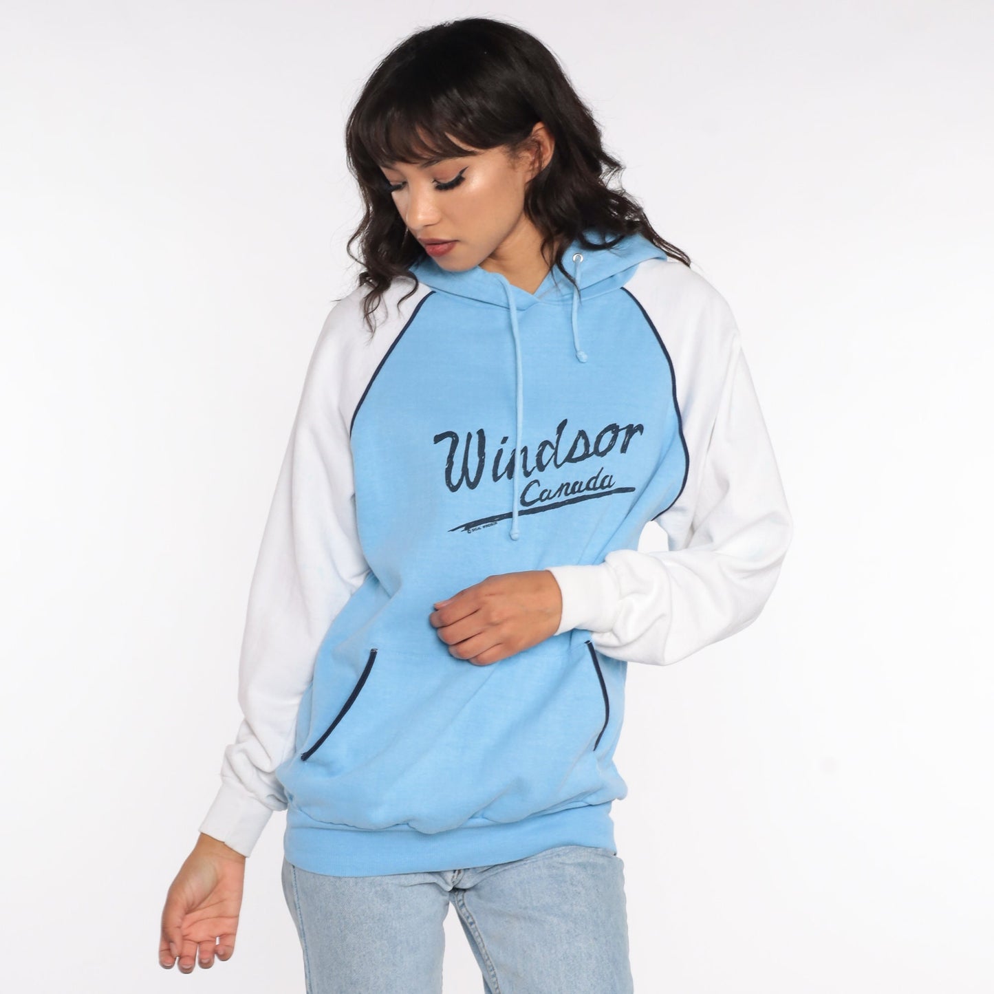 80s Windsor Ontario Canada Hoodie Sweatshirt Baby Blue Graphic Small