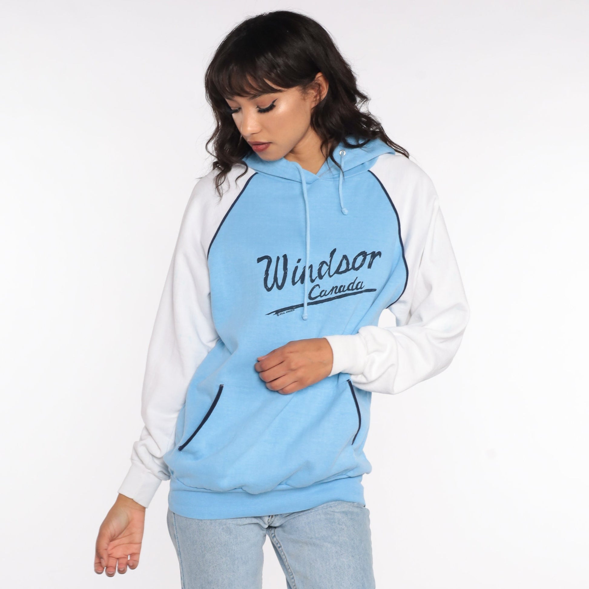 80s Windsor Ontario Canada Hoodie Sweatshirt Baby Blue Graphic Small
