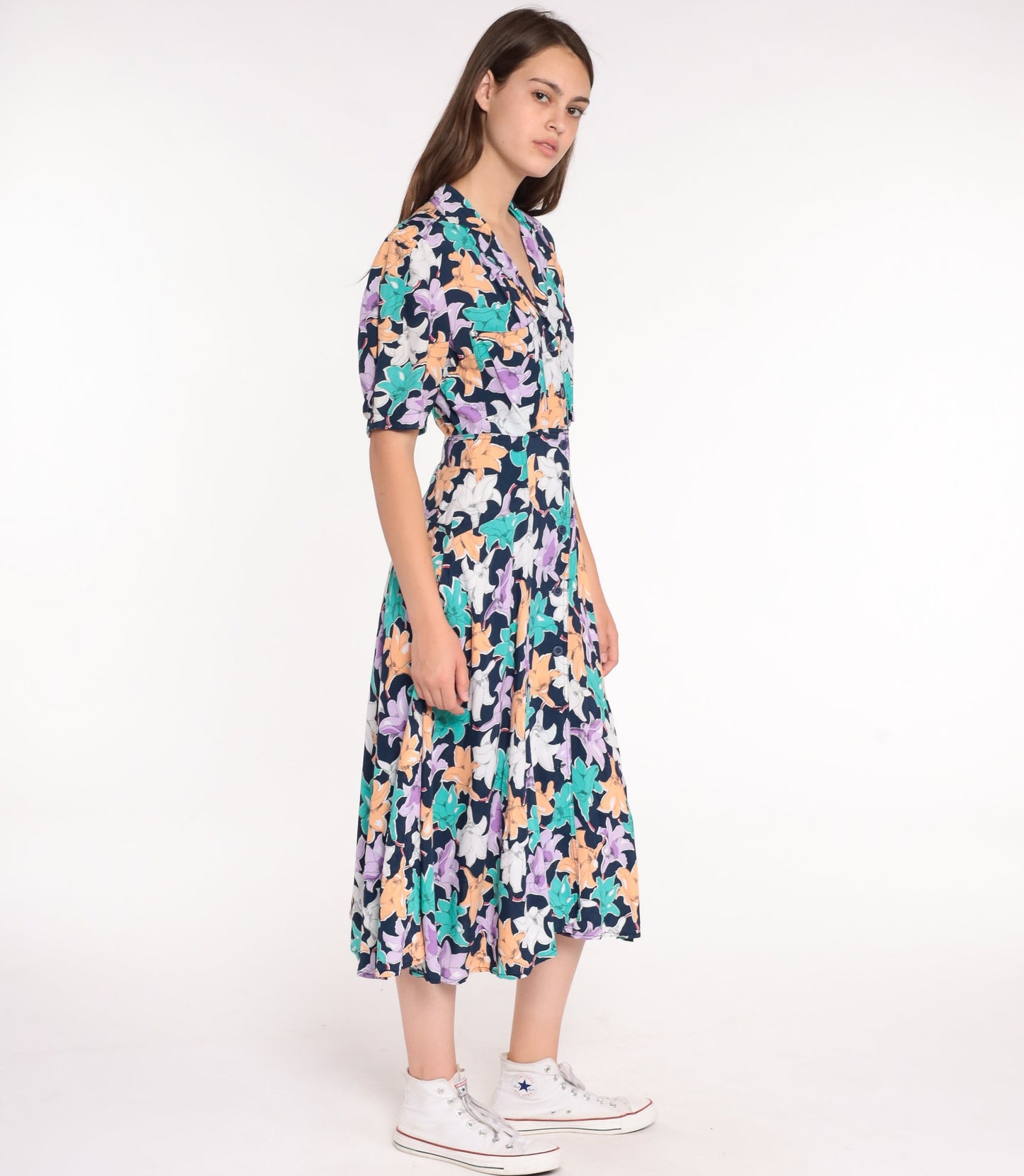 80s Floral Midi Dress Button-Up High Waist Short Sleeve Blue Small