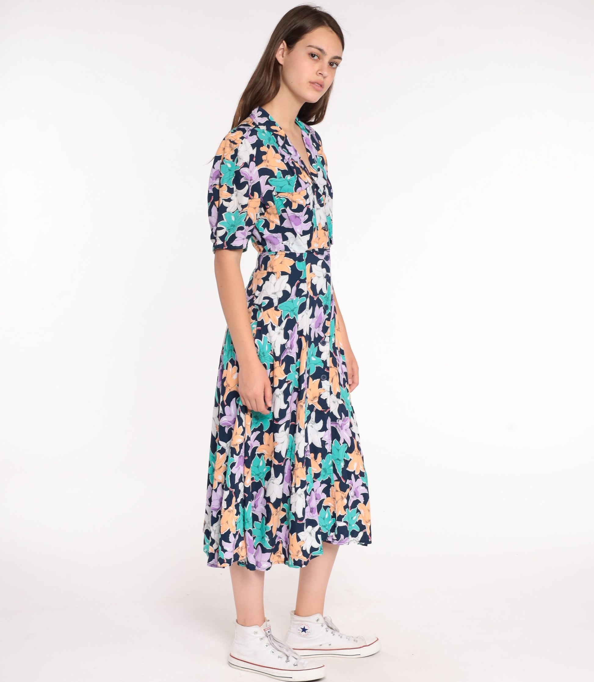 80s Floral Midi Dress Button-Up High Waist Short Sleeve Blue Small