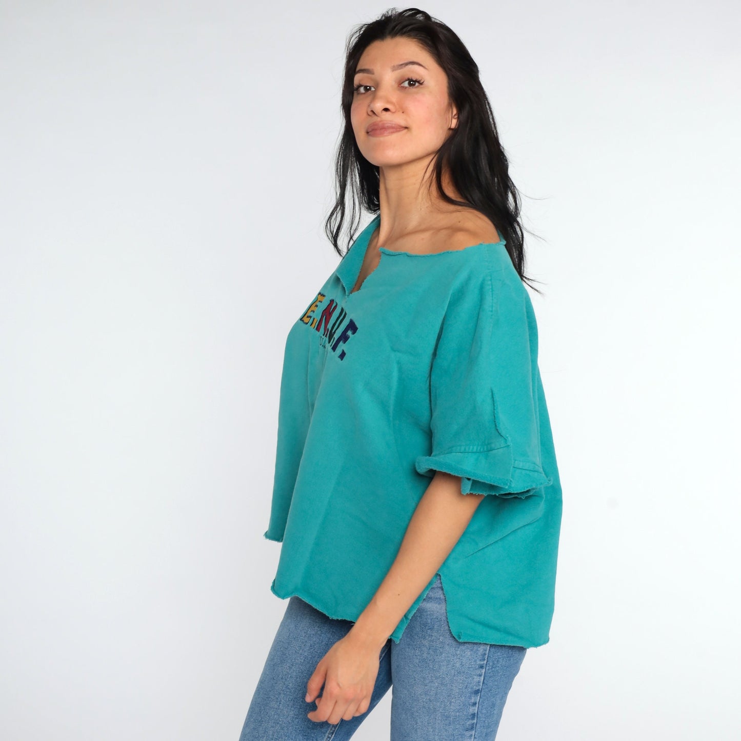 90s Enuf Rainbow Spellout T-Shirt Turquoise Green Cutoff Large