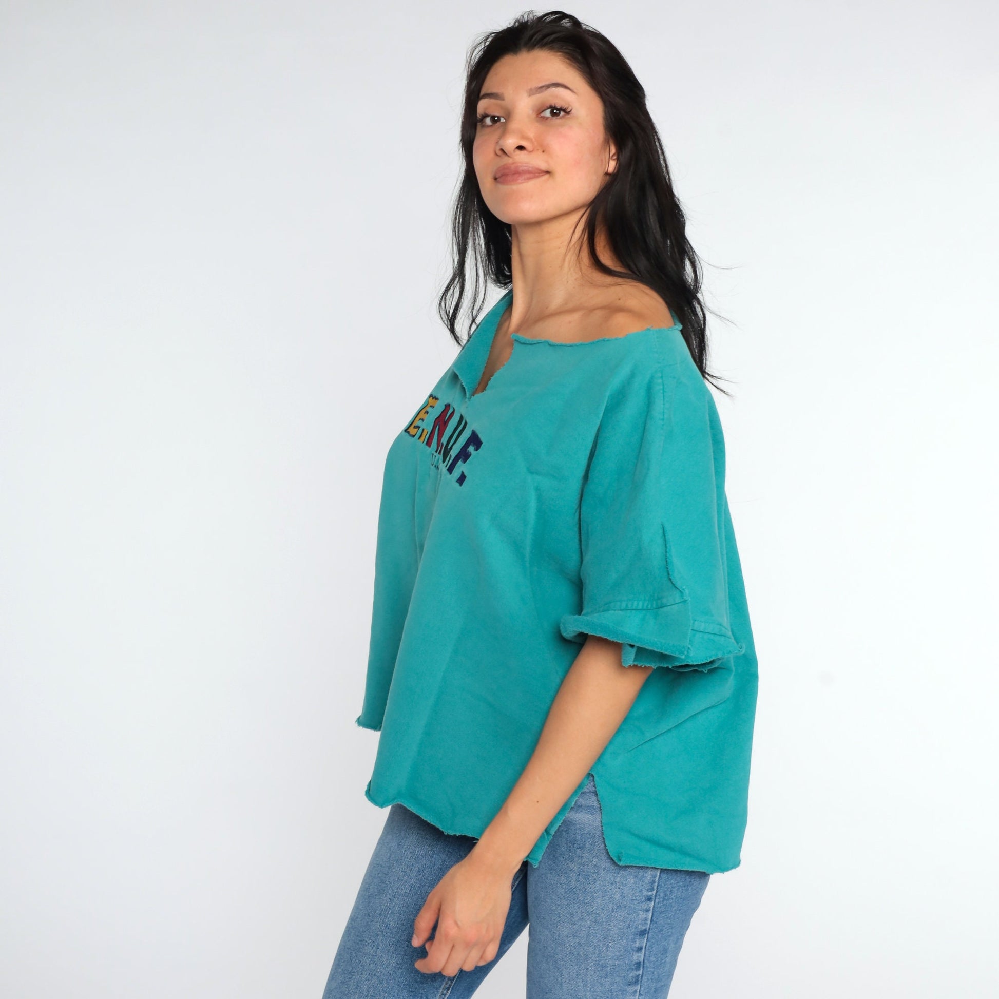 90s Enuf Rainbow Spellout T-Shirt Turquoise Green Cutoff Large
