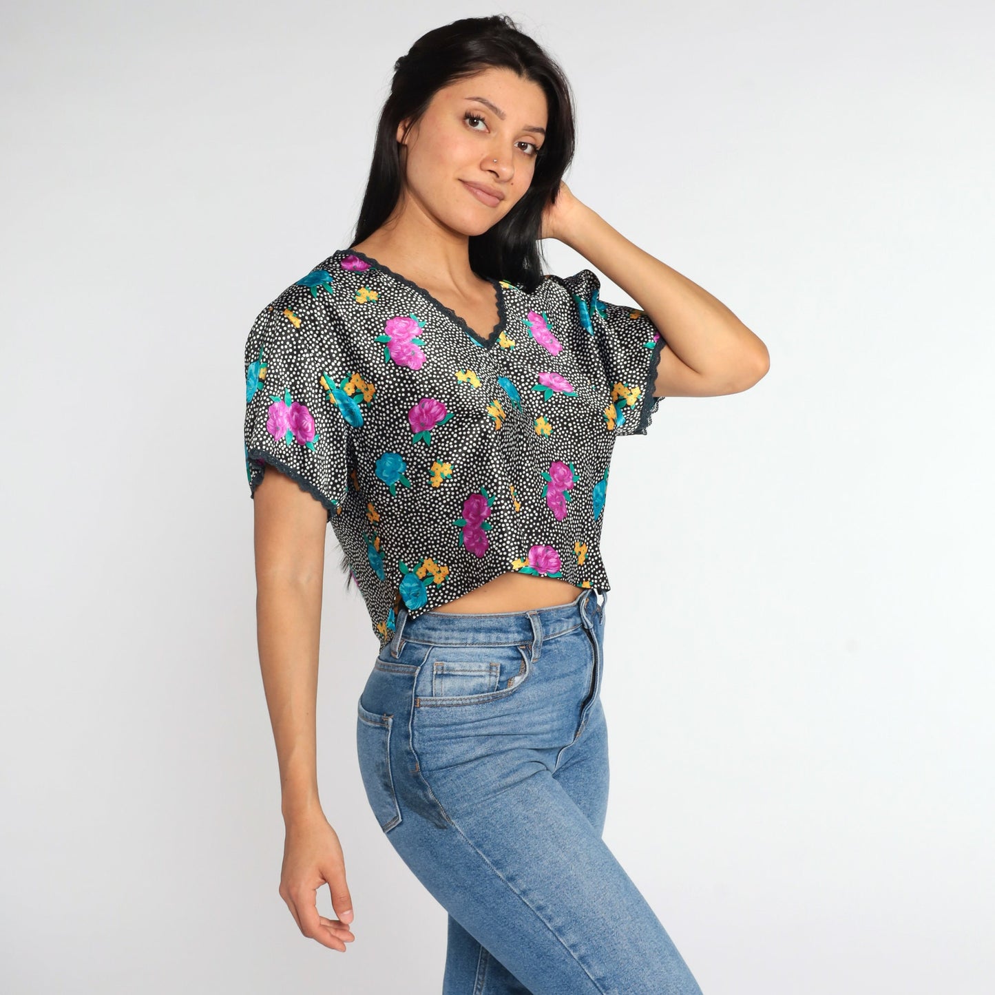 90s Black Floral Polka Dot Blouse Lace Trim V-Neck Short Sleeve Medium Large