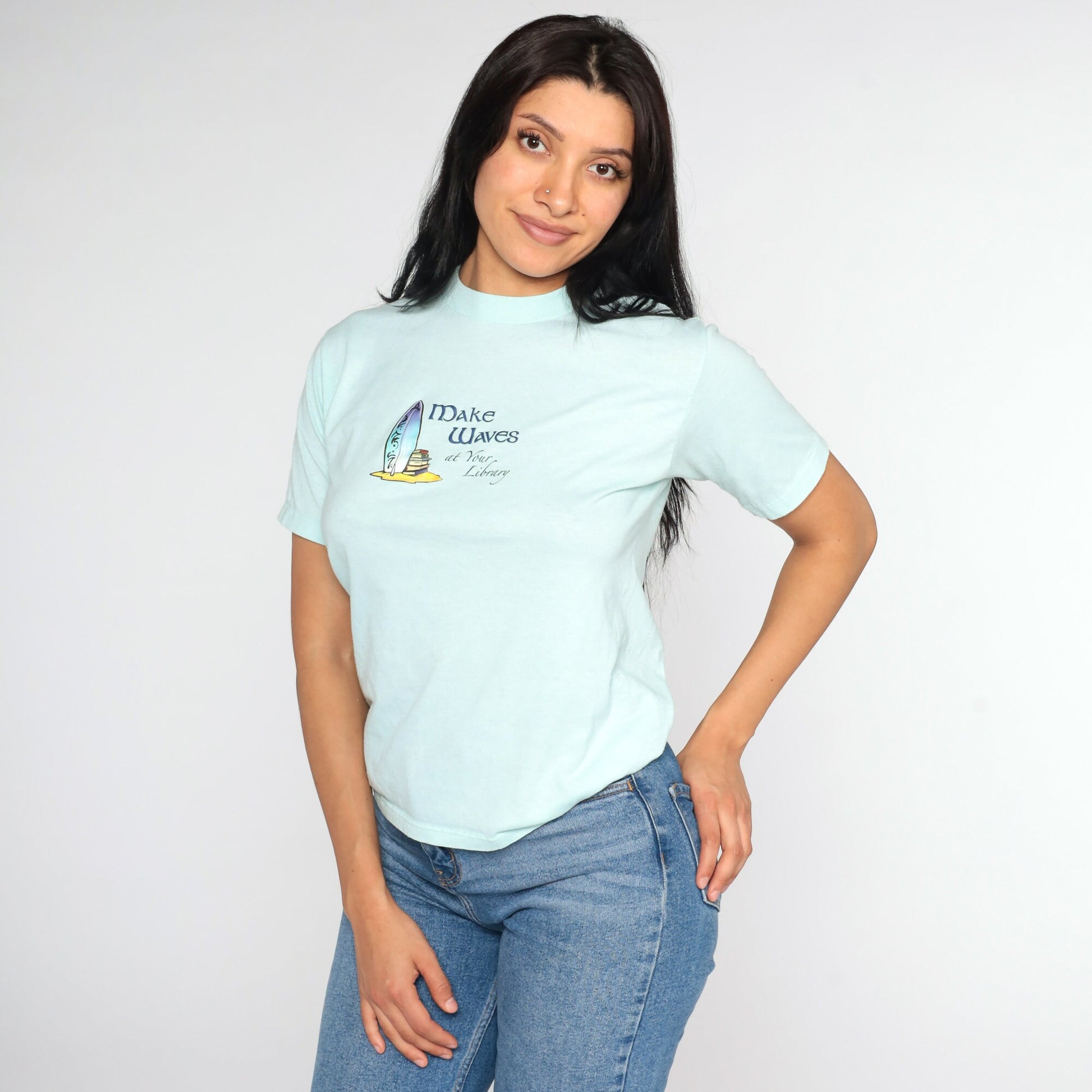80s Make Waves at Your Library Graphic Tee Aqua Blue Iron On Small