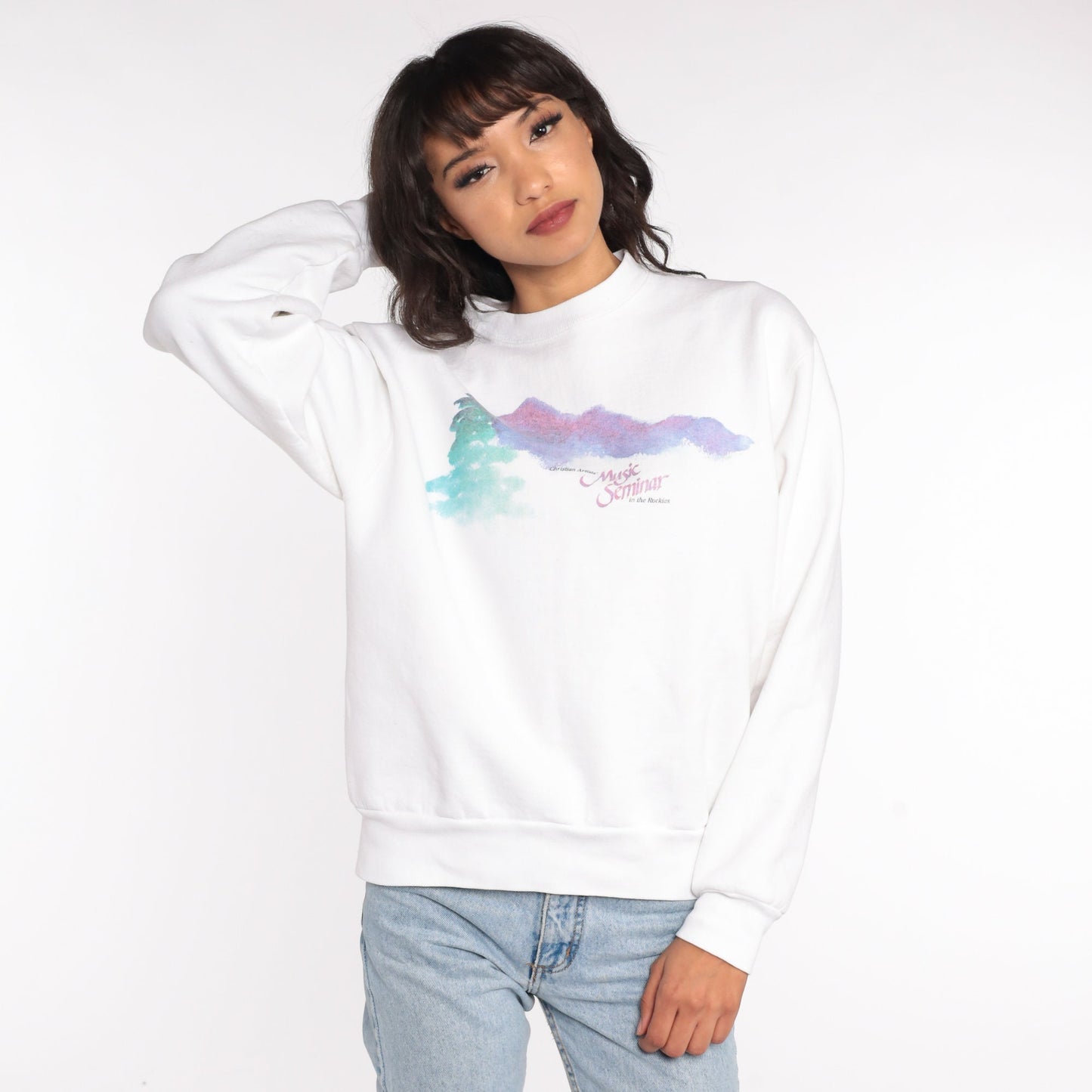 90s Christian Artists Music Seminar Rockies Sweatshirt White Graphic Pullover Medium