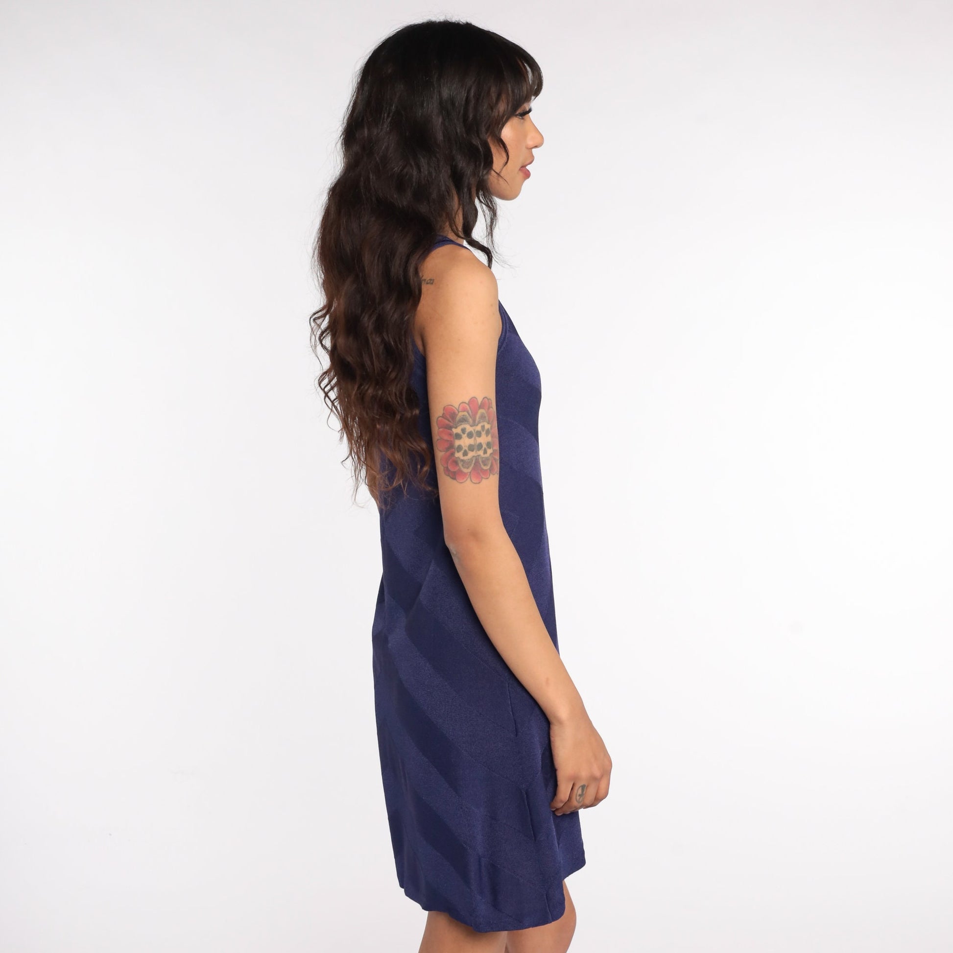 90s Dark Blue Chevron Bodycon Tank Dress Mini Small Medium