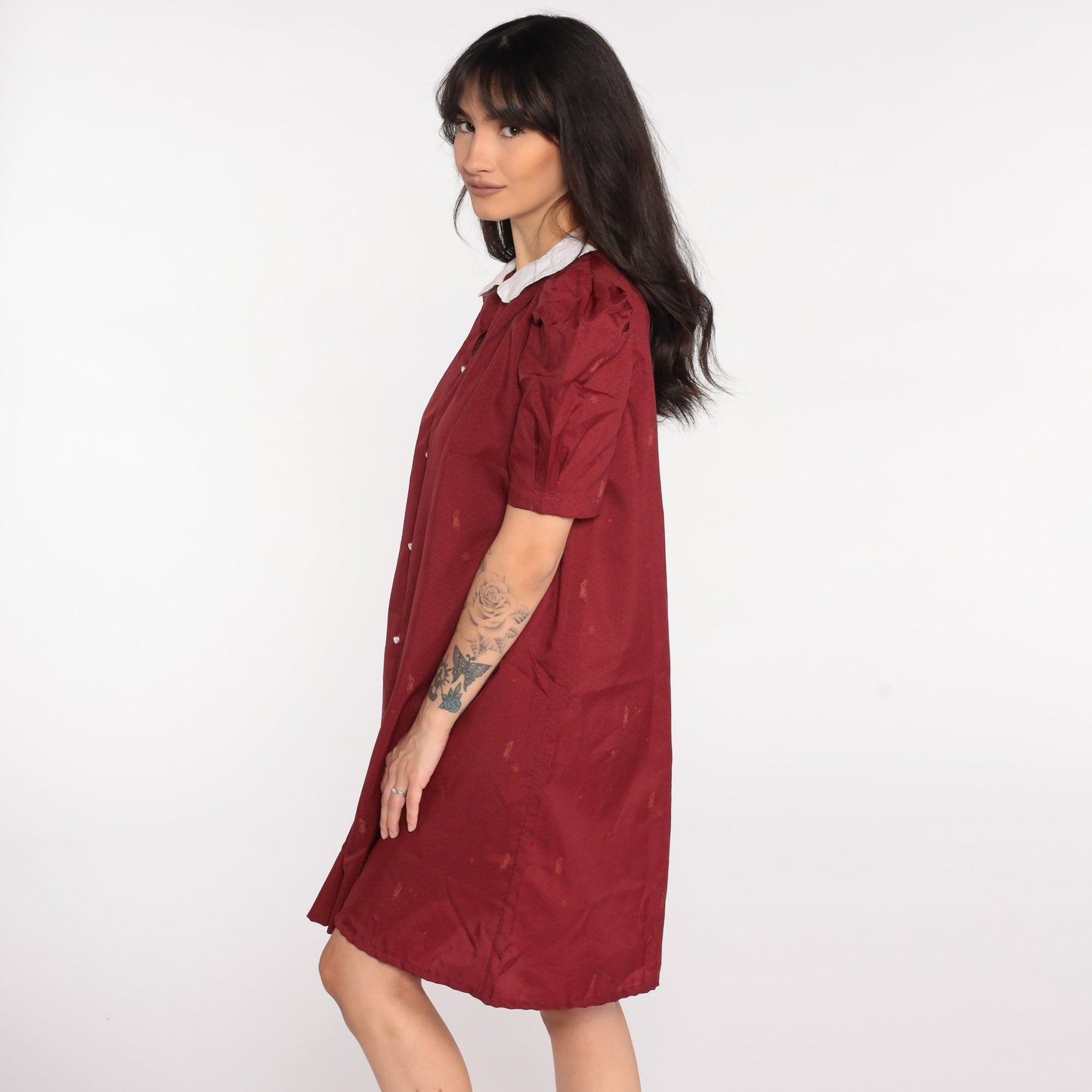 70s Novelty Print Shift Dress Dapper Man Peter Pan Collar Puff Sleeve Mini Burgundy Medium