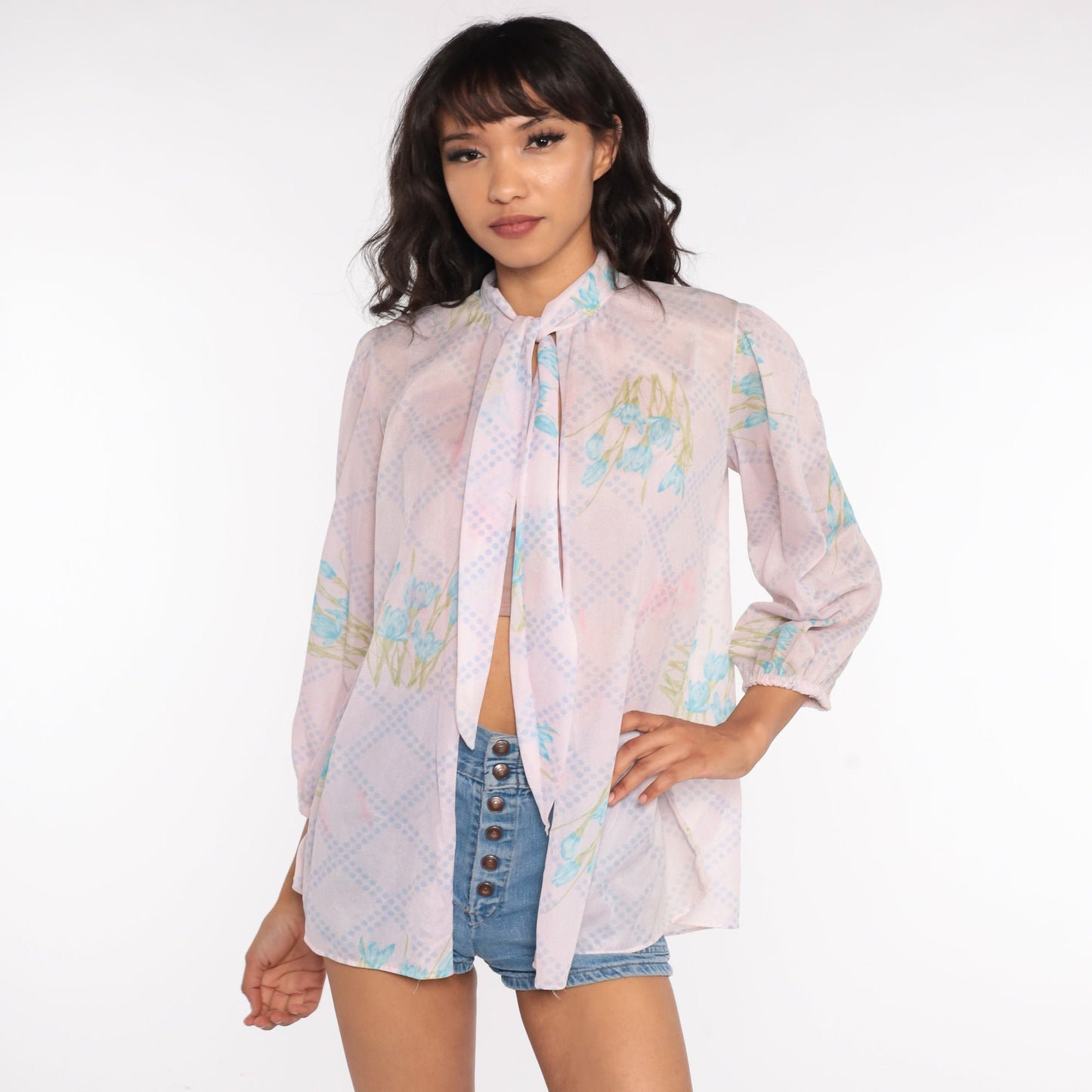 70s Floral Ascot Blouse Sheer Pink Puff Sleeve Bow Neck Medium