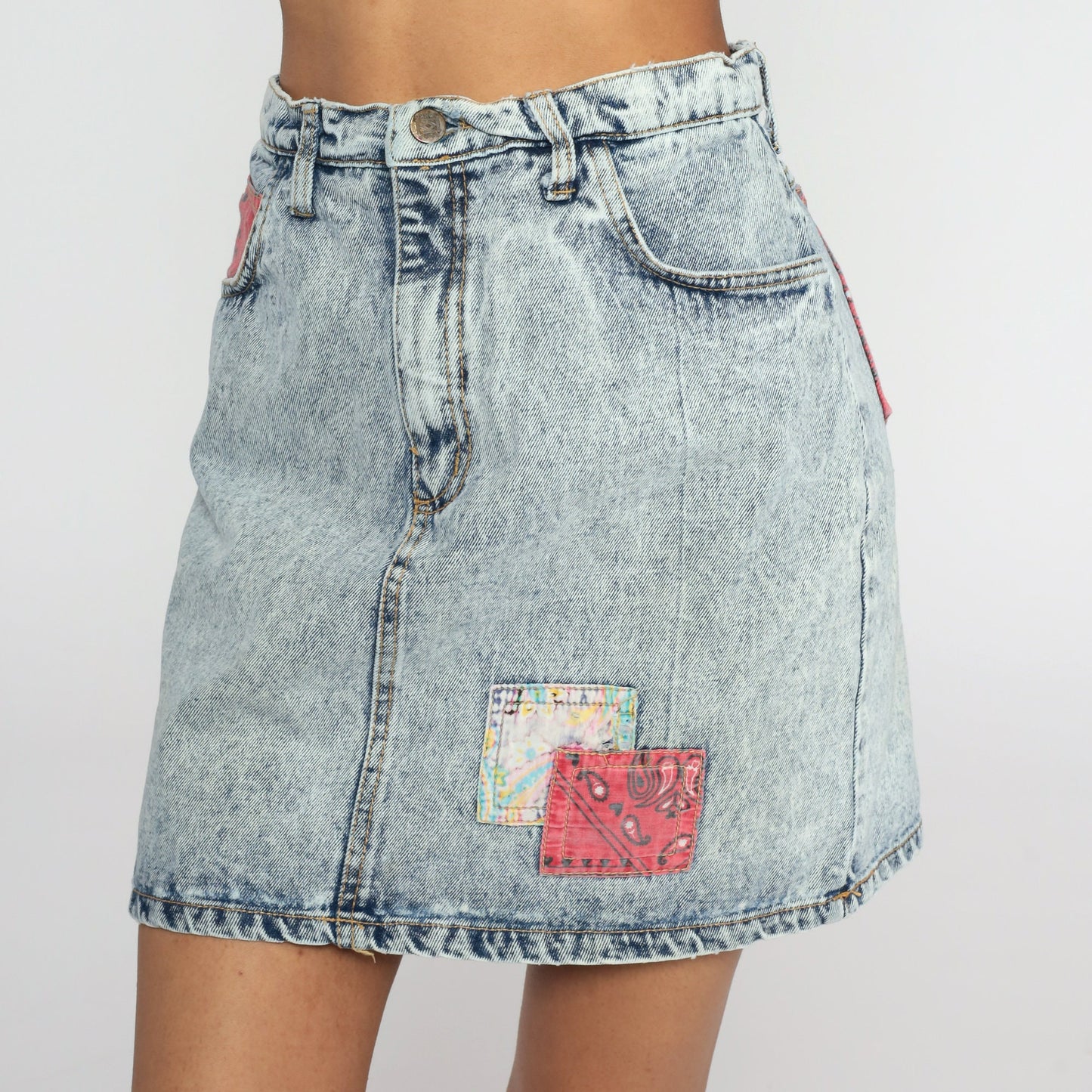 90s Acid Wash Denim Mini Skirt High Waisted Jean Skirt Blue Small S