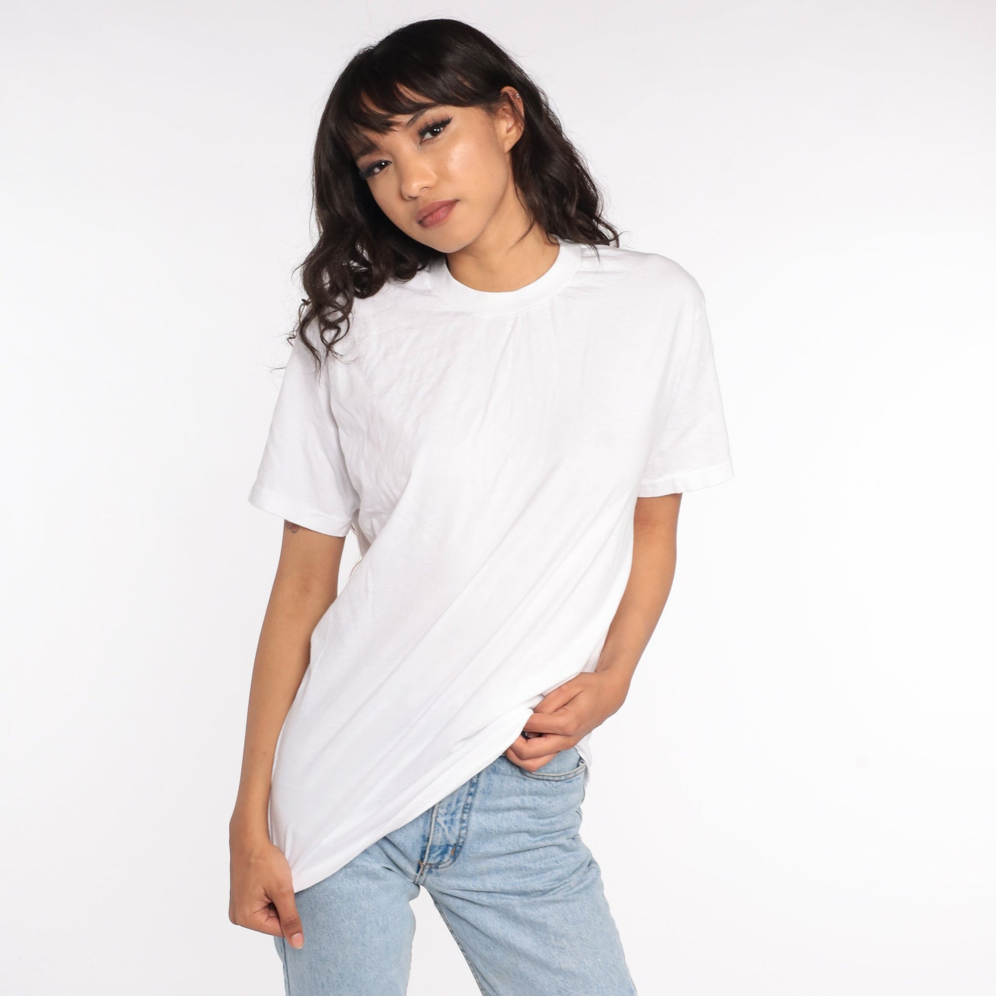 80s Plain White Cotton T-Shirt Single Stitch Crewneck Medium Large