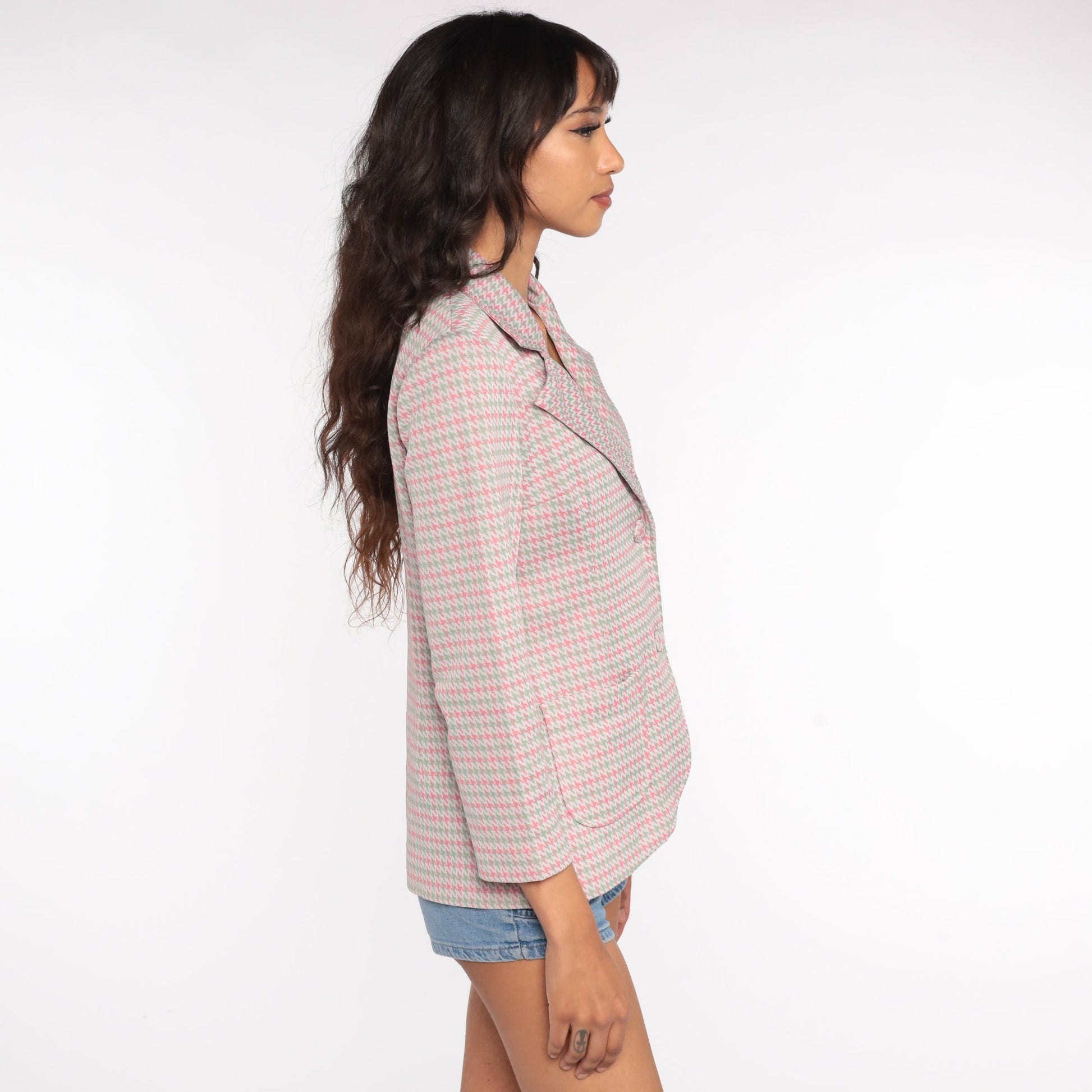 70s Checkered Blazer Pink Green Plaid Jacket Small