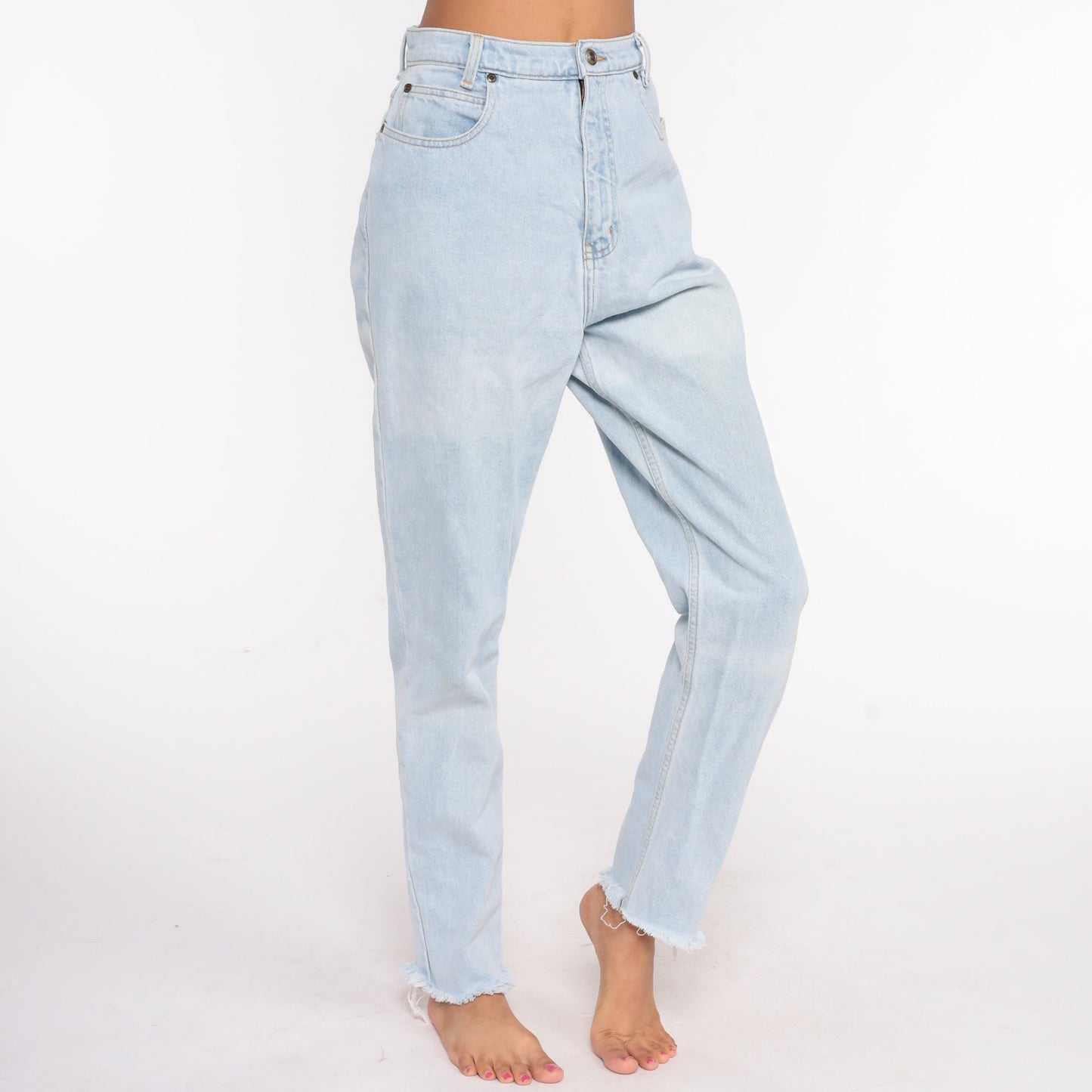 90s High Waisted Blue Denim Jeans Tapered Ankle Raw Hem Small 27
