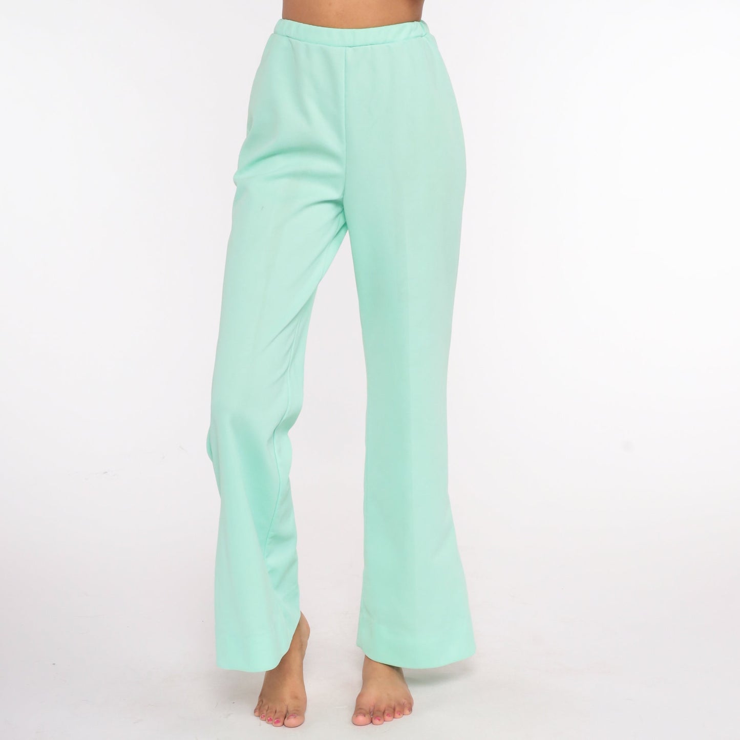 70s Mint Green Floral Bell Bottom Trousers High Waist Small