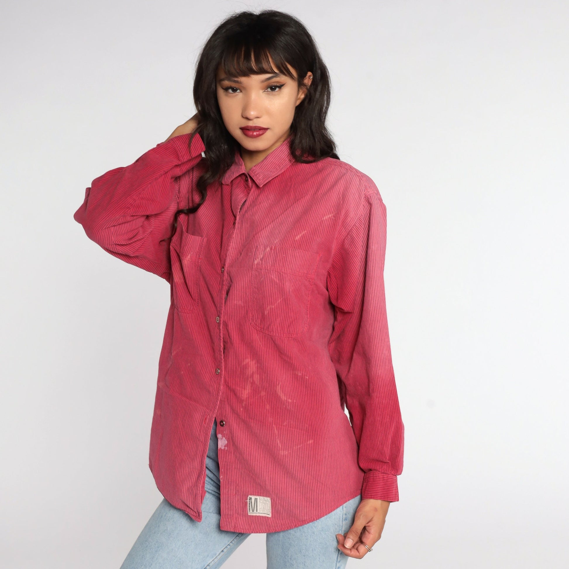 90s Calvin Klein Red Striped Oxford Button-Up Shirt Distressed Cotton Medium